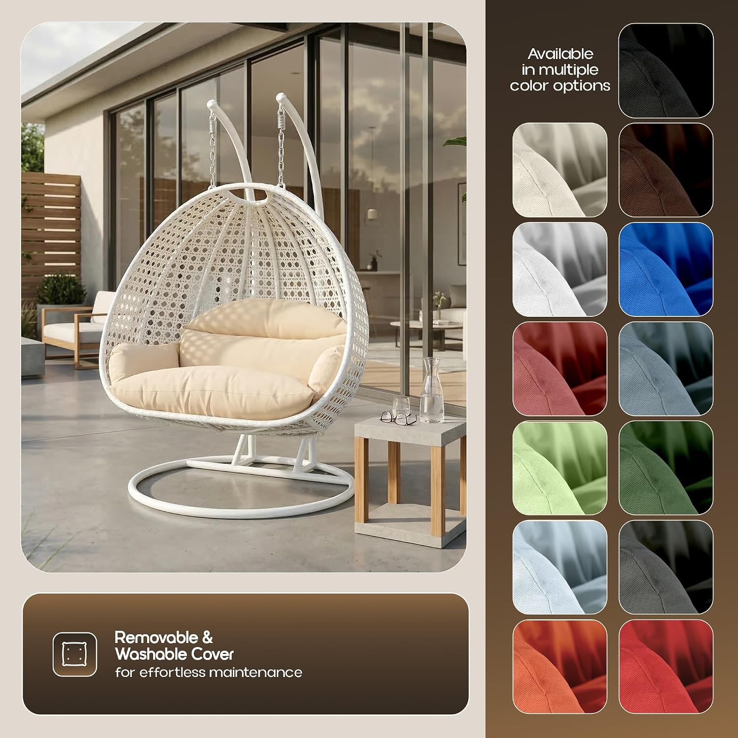 LeisureMod 2 Person Wicker Egg Chair Outdoor Indoor Bedroom Patio Hanging Lounge Swing Hammock Chairs with White Stand and UV Resistant Cushions (Cream)