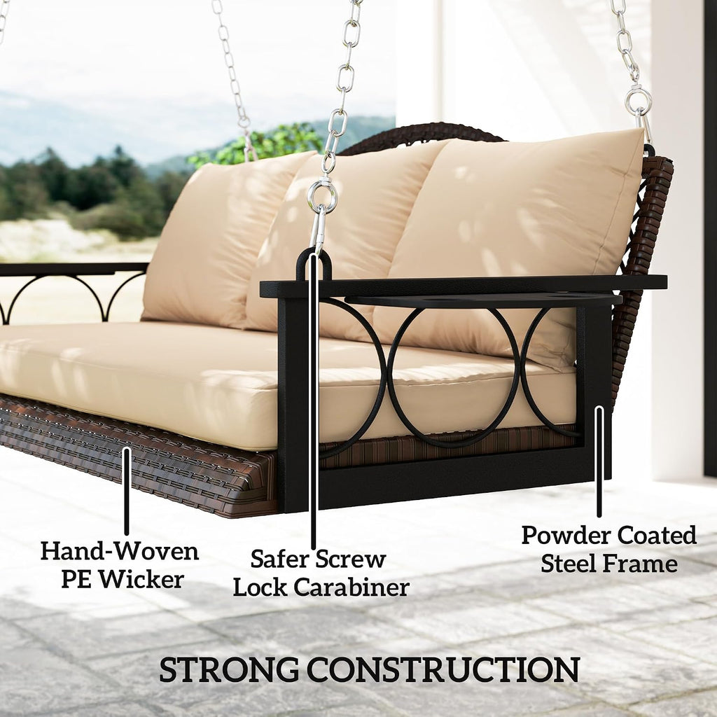 Outsunny 3 Person Wicker Porch Swing Chair Heavy Duty 800 LBS with Cup Holder, 57 Inch Outdoor Rattan Patio Hanging Swing Bench with Cushions and Chains for Garden, Backyard, Brown