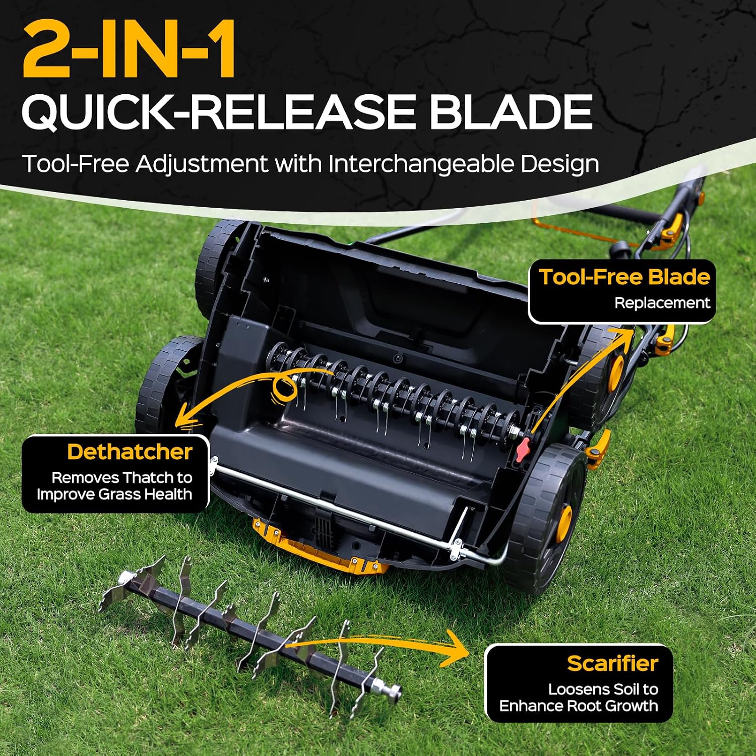 TIECTOWN 2026 Upgrade 16-Inch 15.5 Amp 2-in-1 Electric Dethatcher and Scarifier with 14.5-Gallon Collection Bag, Lawn Dethatcher with 5-Position Depth Adjustment, Keeps Lawn Healthy - Yellow