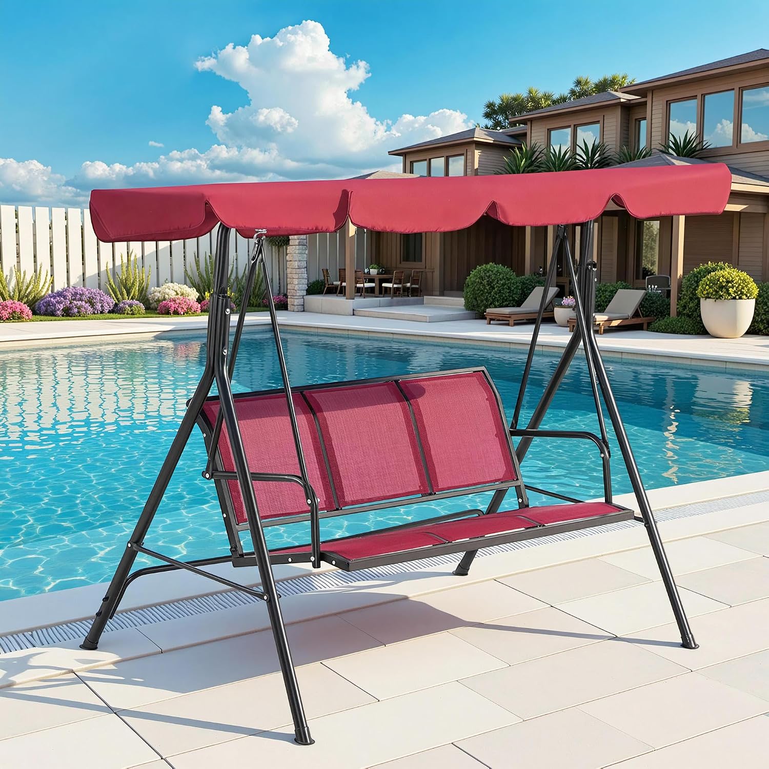 MCombo Outdoor Patio Canopy Swing Chair 3-Person, Steel Frame Textilence Seats Swing Glider, 4507 (Burgundy)