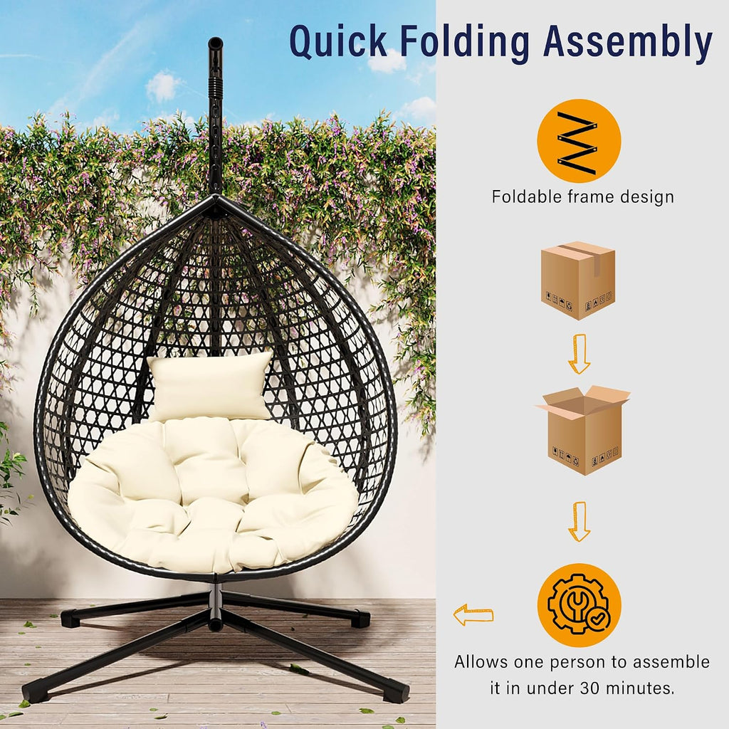 Single Hammock Chair with Stand Durable Hanging Egg Chair with Rattan Weaving, Indoor Outdoor Swing Chairs with Soft Removable Cushion for Balcony, Bedroom, Patio, or Garden, Black+Beige