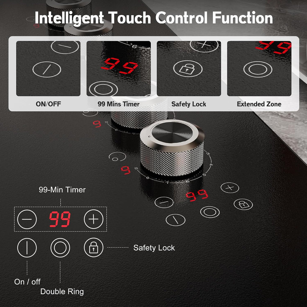 36 Inch Electric Cooktop 5 burner Karienvir, 8900W Built-in Electric Stove Top, Cooktop 36' with Double-ring Burner, Knob & Touch Control, 9 Power Levels, Timer, Safety Lock, 220V-240V Hard Wire