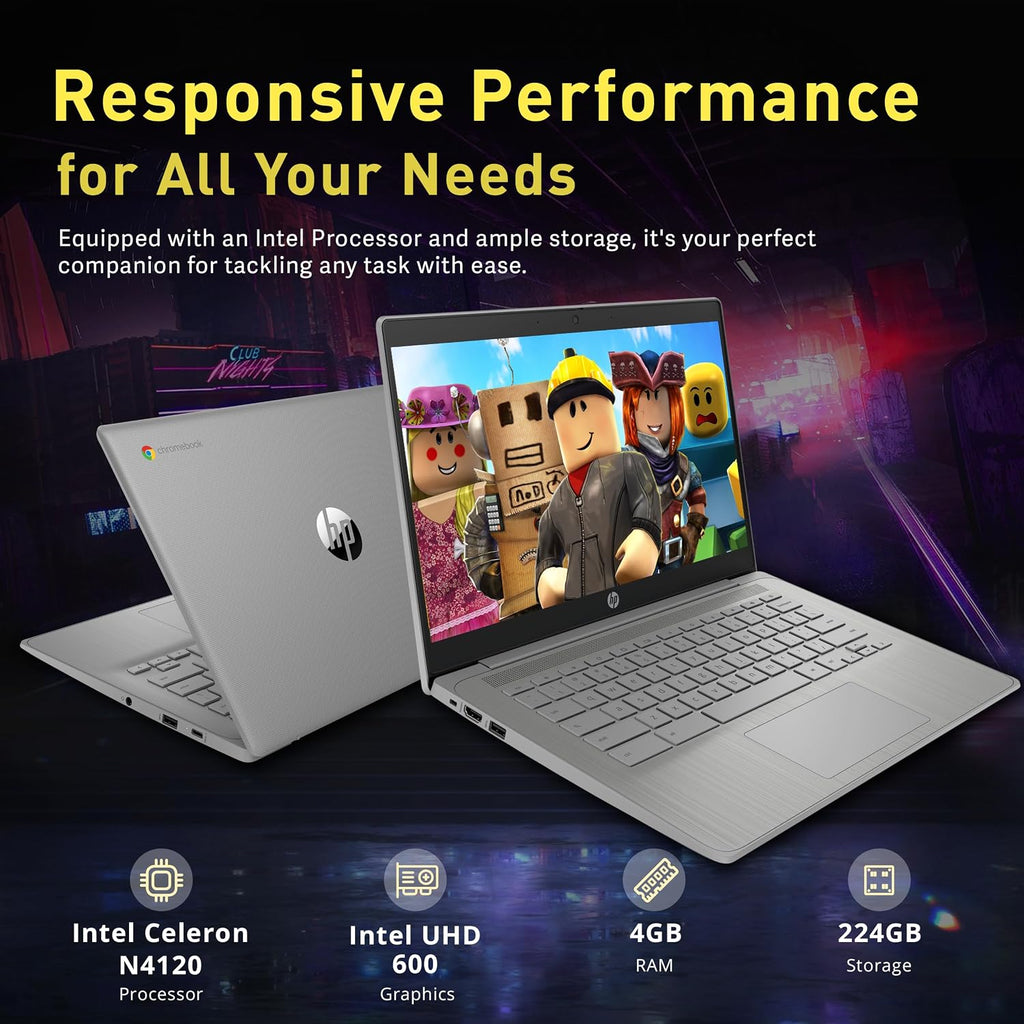 HP Chromebook 14' HD Laptop, Intel Celeron N4120, 4GB LPDDR4, 224GB Storage(64GB eMMC+160GB Docking Station Set), Intel UHD Graphics 600, Wi-Fi 5, 720p Camera, Fast Charge, Chrome OS, Gray