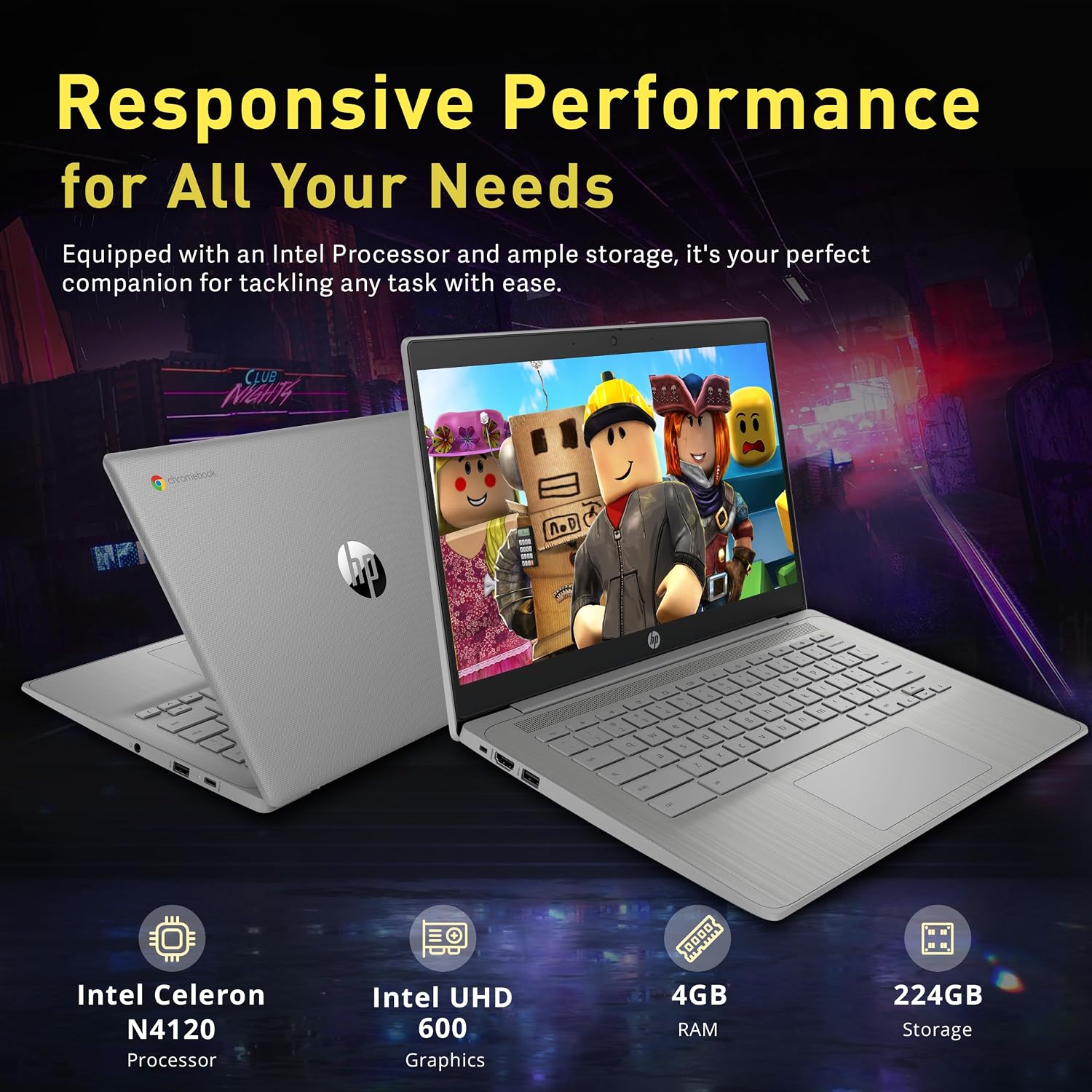 HP Chromebook 14' HD Laptop, Intel Celeron N4120, 4GB LPDDR4, 224GB Storage(64GB eMMC+160GB Docking Station Set), Intel UHD Graphics 600, Wi-Fi 5, 720p Camera, Fast Charge, Chrome OS, Gray