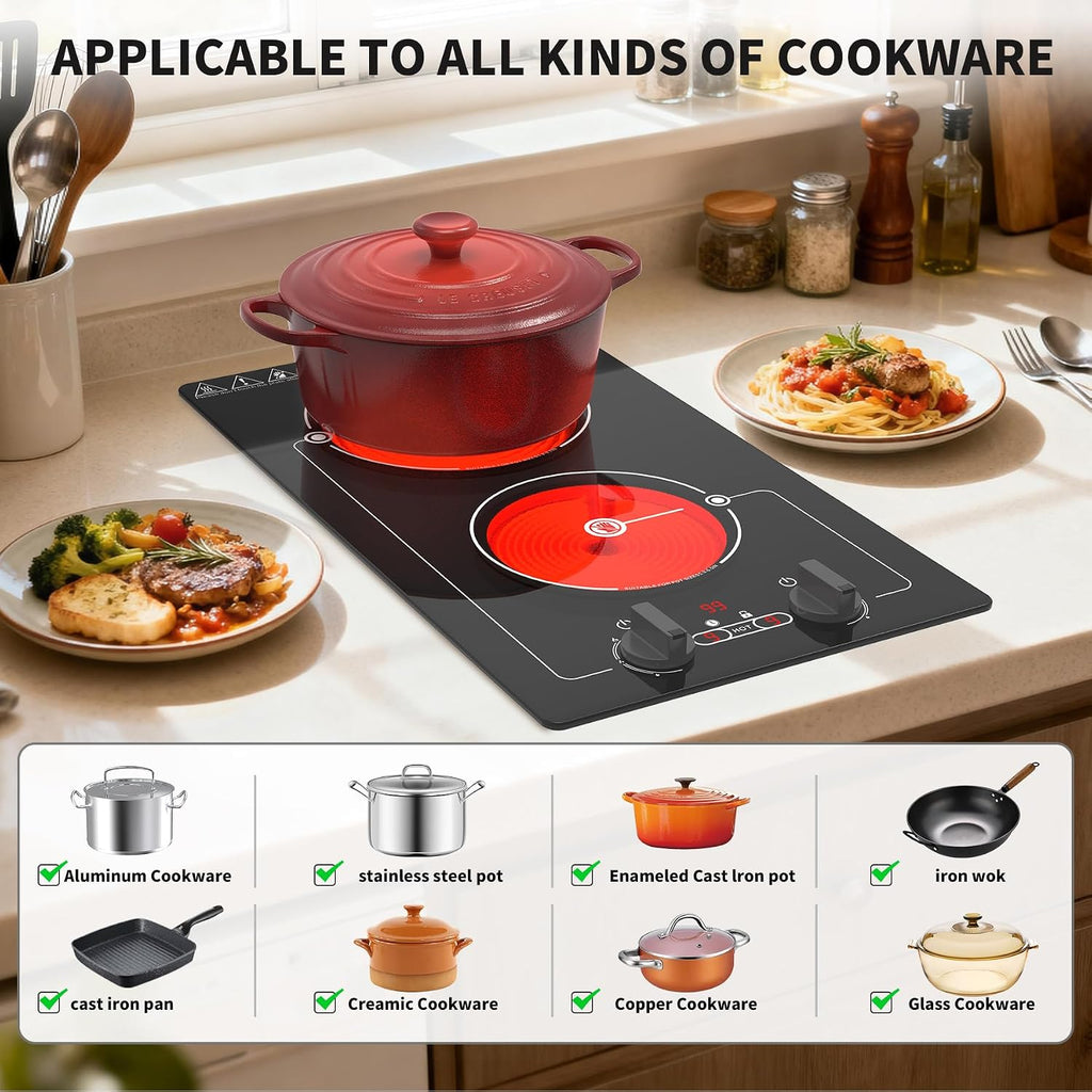 VBGK electric hob,Built-in Design and Countertop Stove Top with Knob Control&Touch Control,9 Power Level, Timer & Kid Safety Lock,220V 2100W 2 burner electric hob