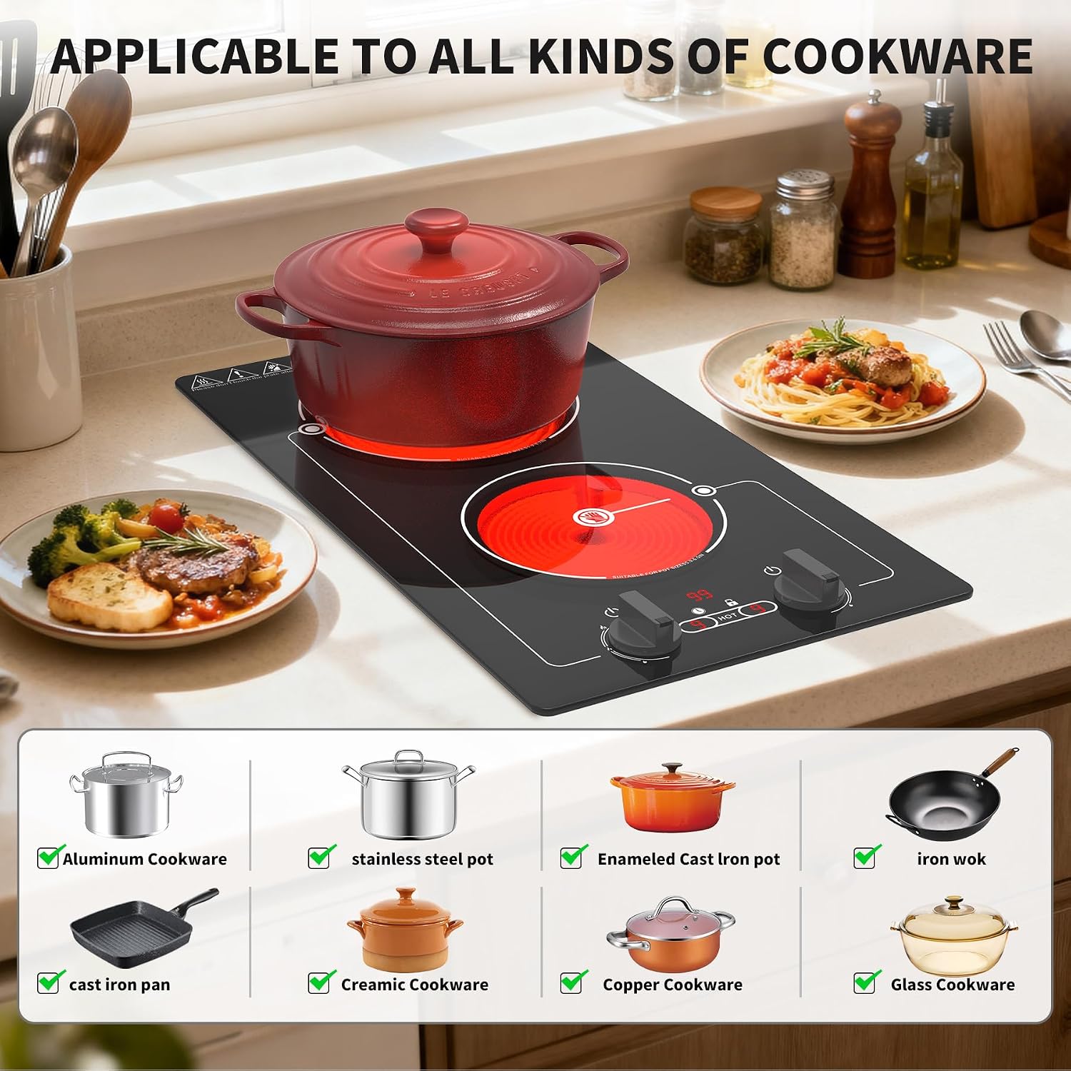 VBGK electric hob,Built-in Design and Countertop Stove Top with Knob Control&Touch Control,9 Power Level, Timer & Kid Safety Lock,220V 2100W 2 burner electric hob