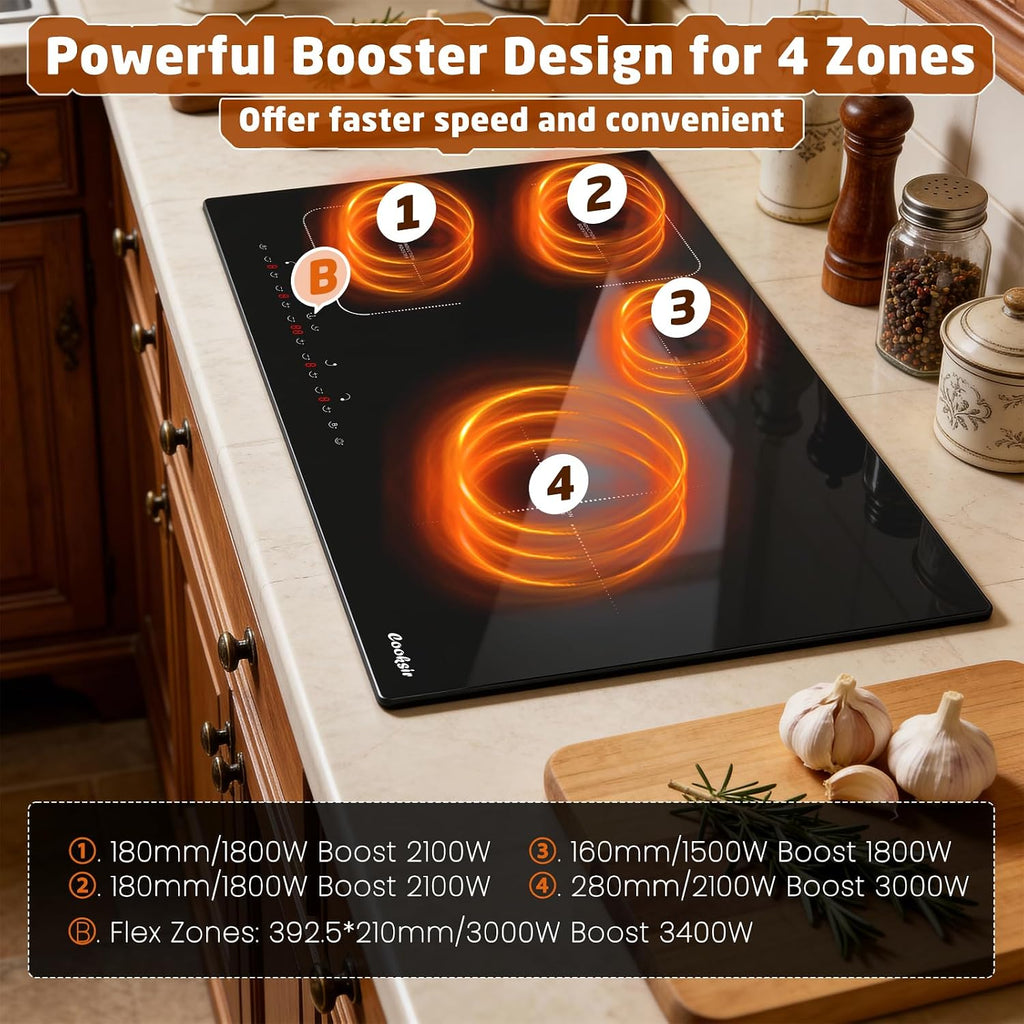 Induction Cooktop 30 Inch with Iron Pot, 4 Burner Built-in Stove 7200W, 30' Induction Stovetop Slide Touch with Flex Zone, Boost, Timer, Lock, Pause, 220V Hard Wired (No Plug)