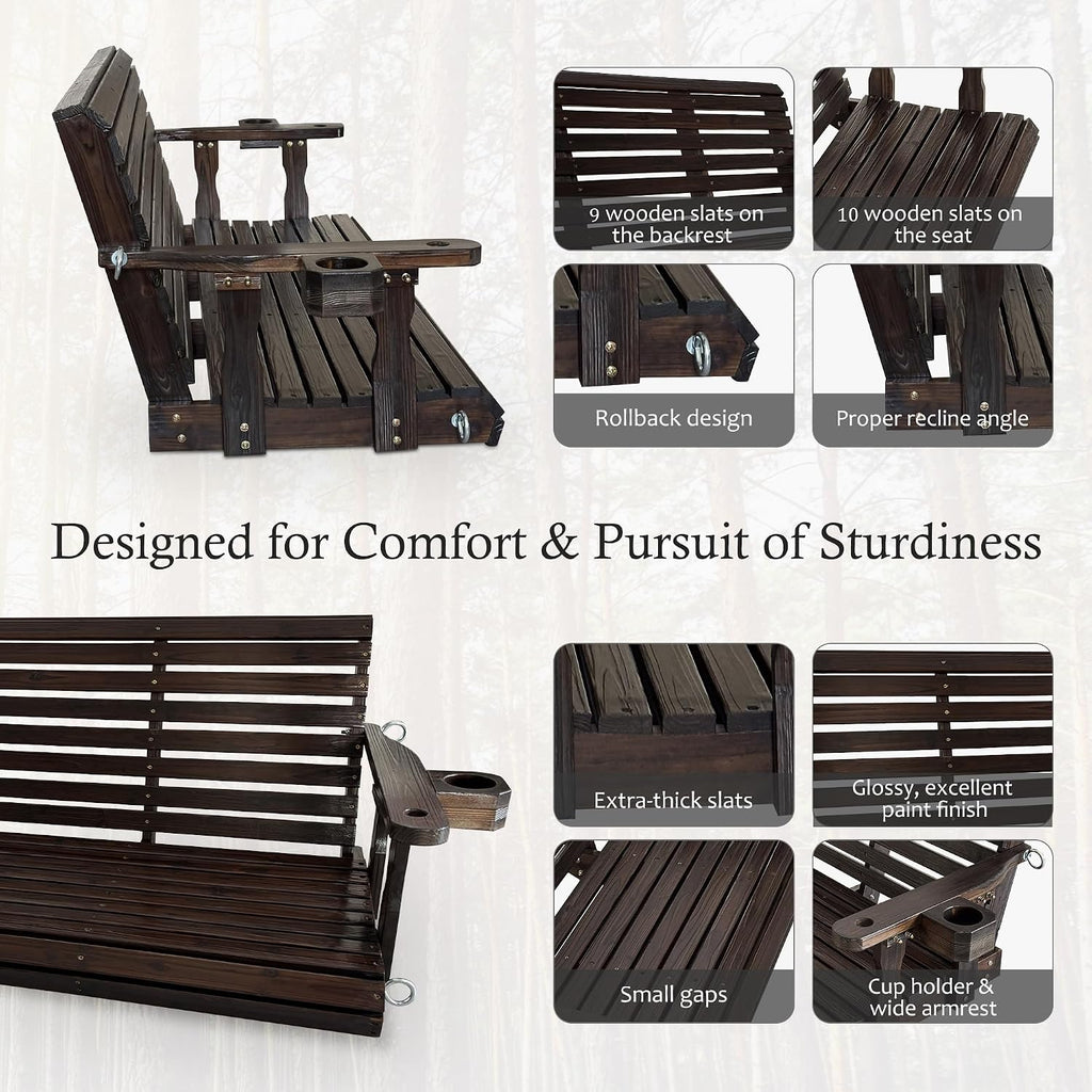Fortune Candy Wooden Porch Swing 3-Seater, High Backrest and Deep Seat, Bench Swing with Cupholders, Hanging Chains and 7mm Springs, Heavy Duty 880 LBS (Deep Brown, 5 FT Extra Large)