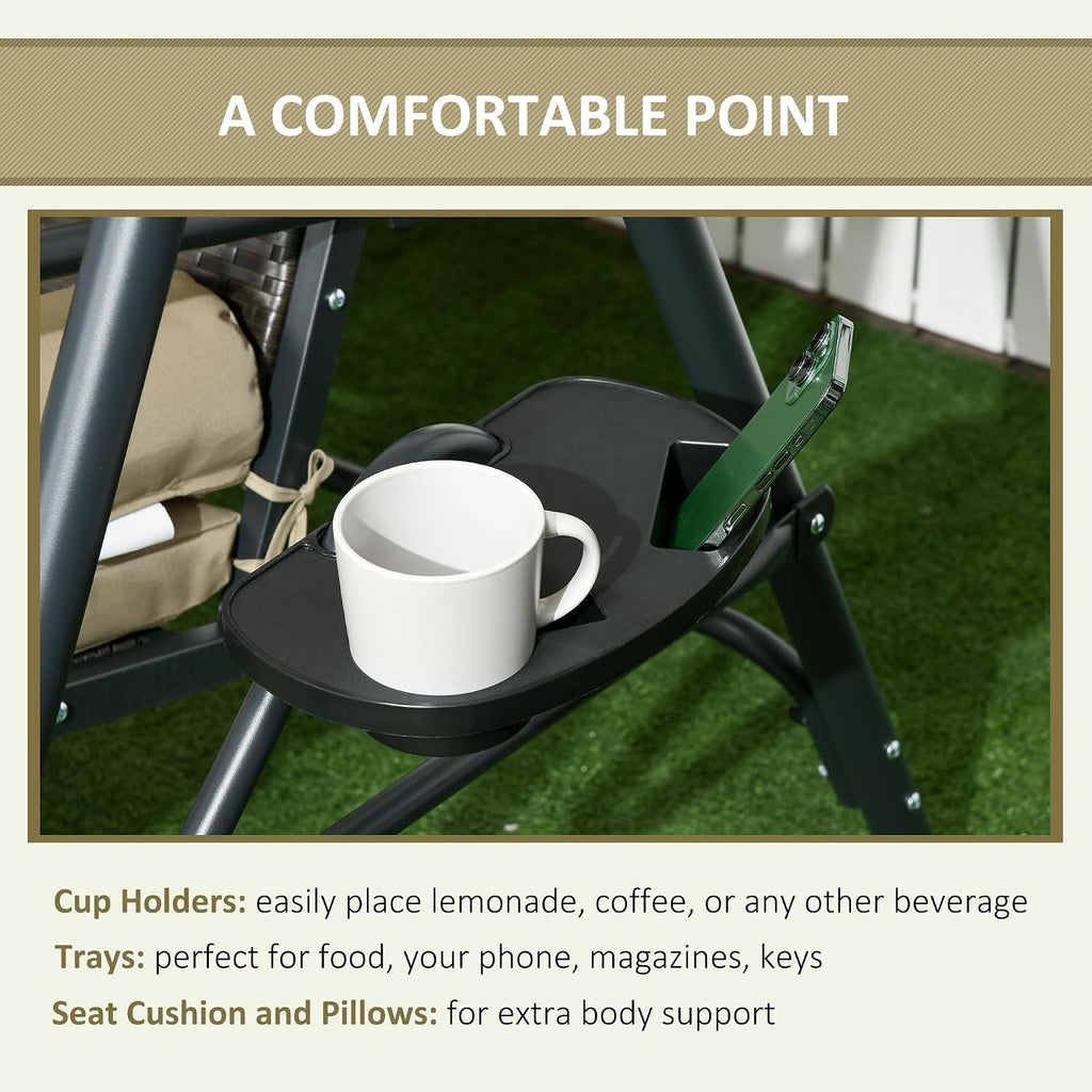 Outsunny 3-Seat Patio Swing Chair, Swing Bench for Outside w/Adjustable Shade, Removable Cushion and Rattan Seat, for Garden, Porch, Backyard, Poolside