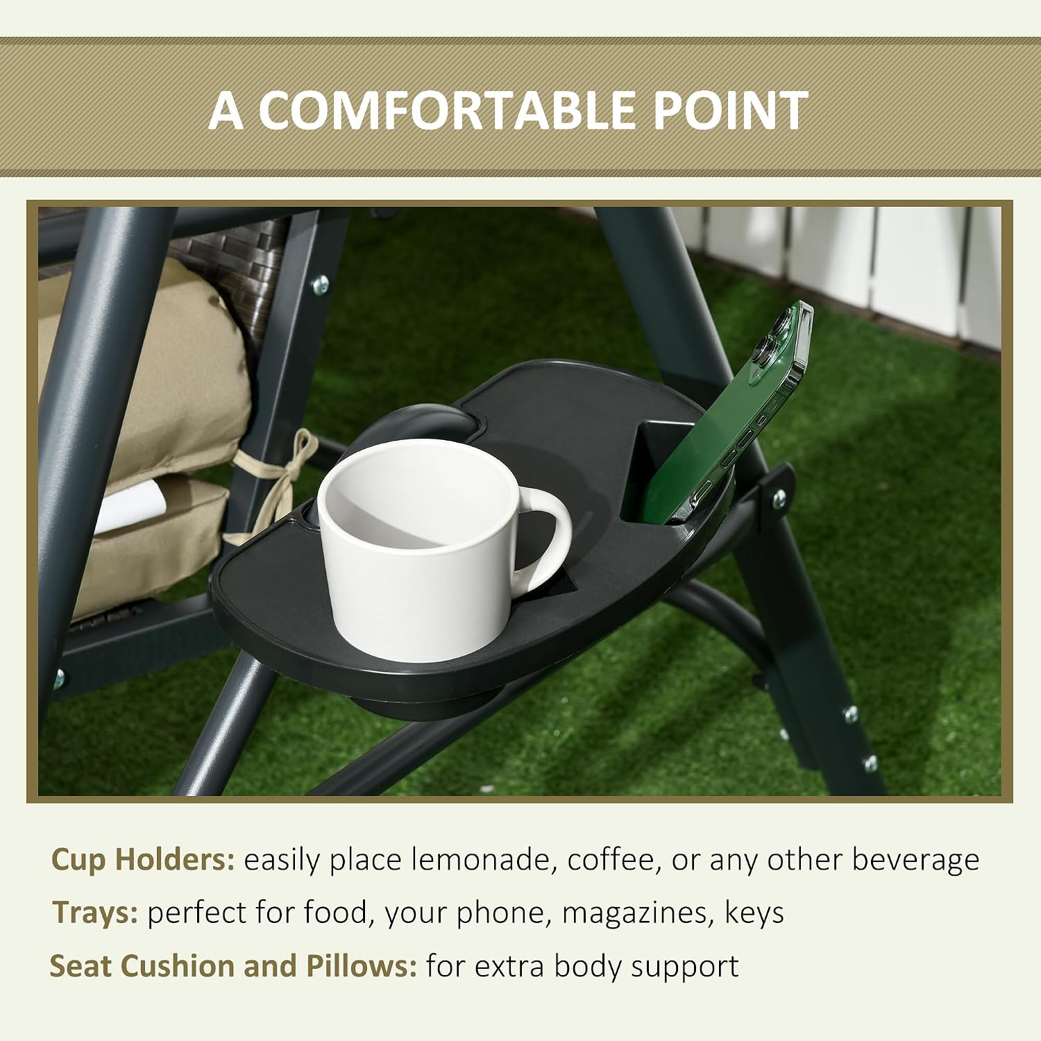 Outsunny 3-Seat Patio Swing Chair, Swing Bench for Outside w/Adjustable Shade, Removable Cushion and Rattan Seat, for Garden, Porch, Backyard, Poolside