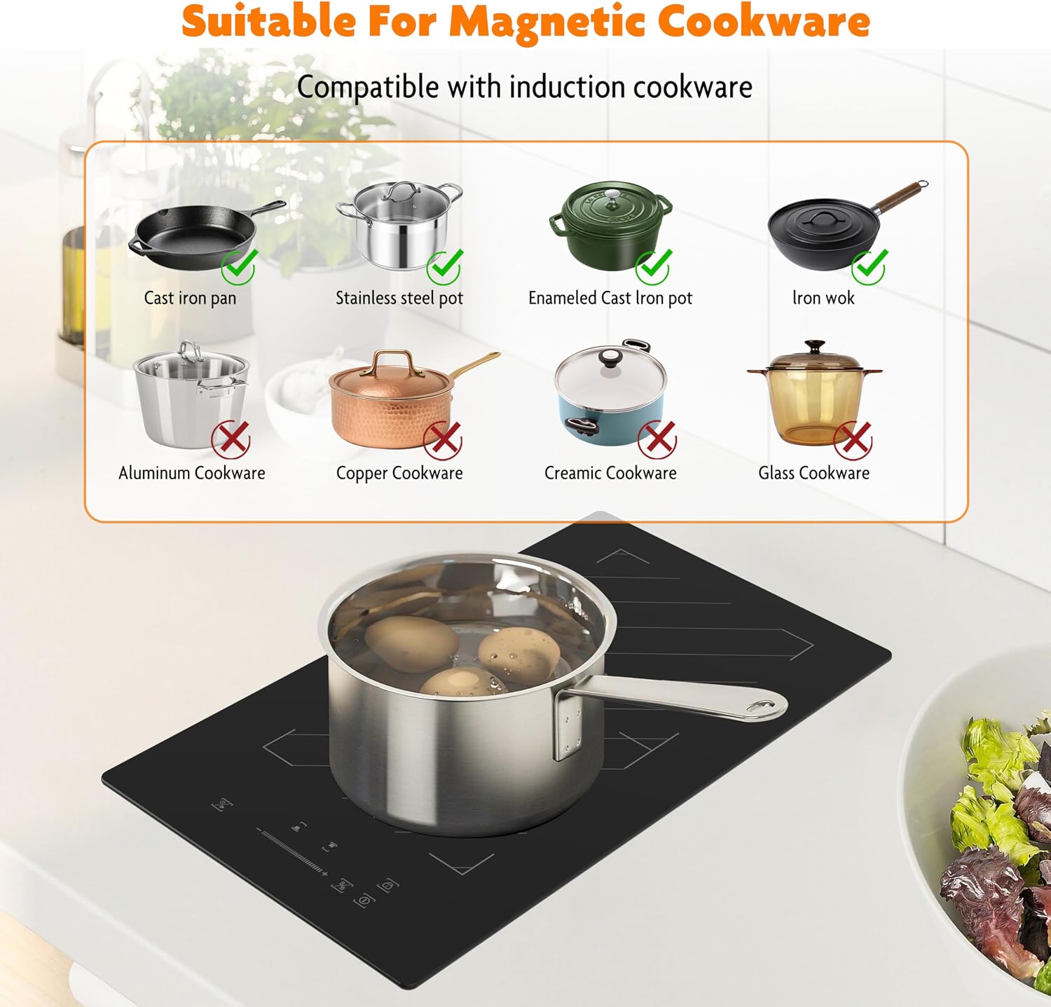 12 Inch Induction Cooktop 2 Burners, 1700W Built-in & Countertop Electric Stove with Plug, Slide Control, 9 Power Levels, Timer & Child Lock, 120V for Fast Heating