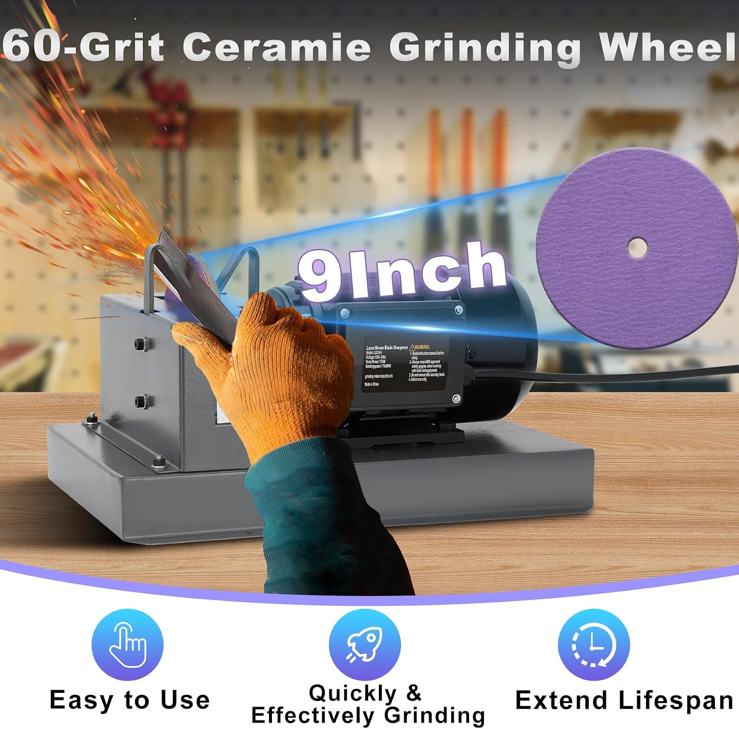 2026 Upgrade Lawn Mower Blade Sharpener, 1HP 750W Mower Grinder with 9-inch Ceramic Grinding Disc, 2 Pack-9'' Sanding Paper and 40° Bracket for High/Low Lift, Gator & Flat Blades Sharpen