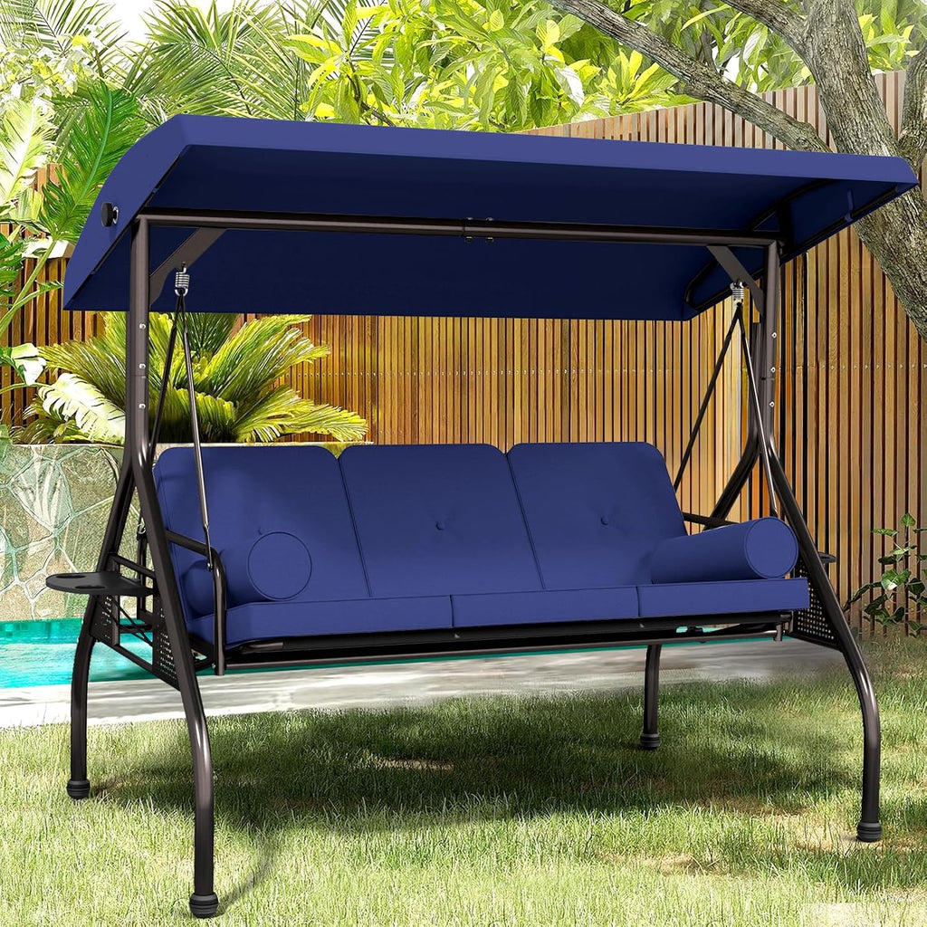 Betterland 3-Seat Patio Swing Chair, Outdoor Porch Swing with Cushions,Pillows & Cup Holders, Adjustable Canopy Outside Bench Swing for Porch，Backyard,Garden(Blue)