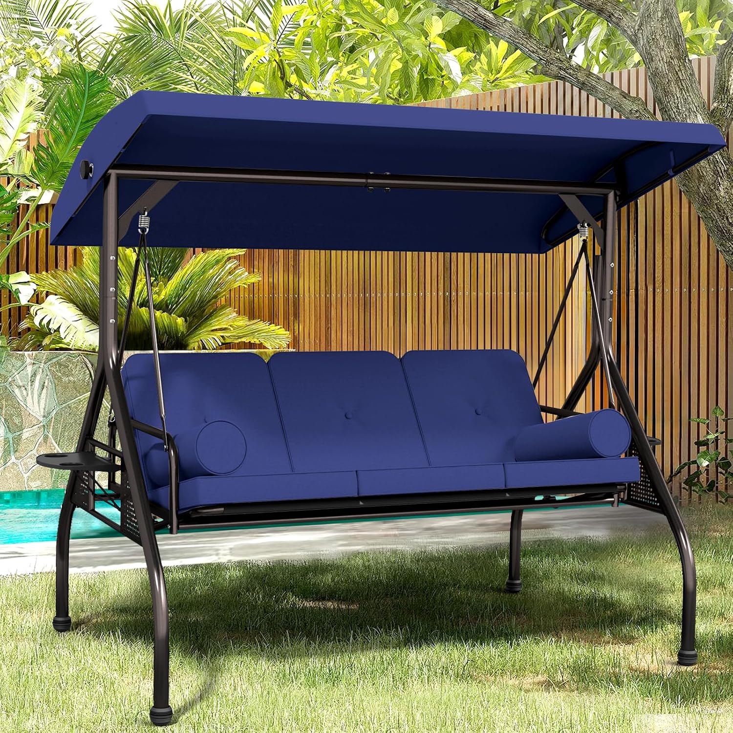 Betterland 3-Seat Patio Swing Chair, Outdoor Porch Swing with Cushions,Pillows & Cup Holders, Adjustable Canopy Outside Bench Swing for Porch，Backyard,Garden(Blue)