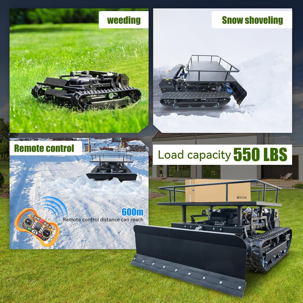 Remote-Controlled Tracked Lawnmower with a Powerful 22hp Brand Engine, Snowplow, and Lifting Rack; All-in-One Lawnmower, Snow Removal, and Transport Machine.