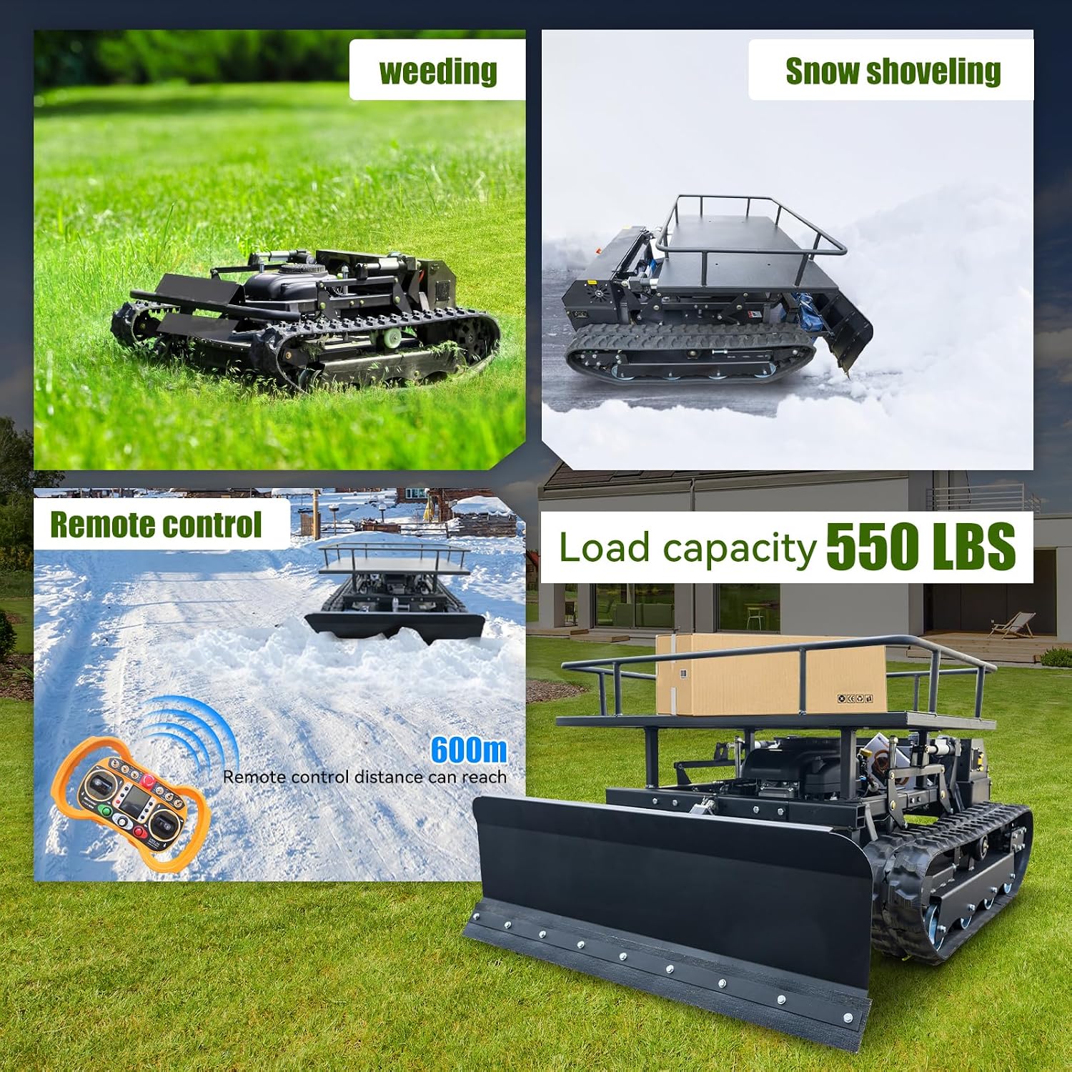 Remote-Controlled Tracked Lawnmower with a Powerful 22hp Brand Engine, Snowplow, and Lifting Rack; All-in-One Lawnmower, Snow Removal, and Transport Machine.