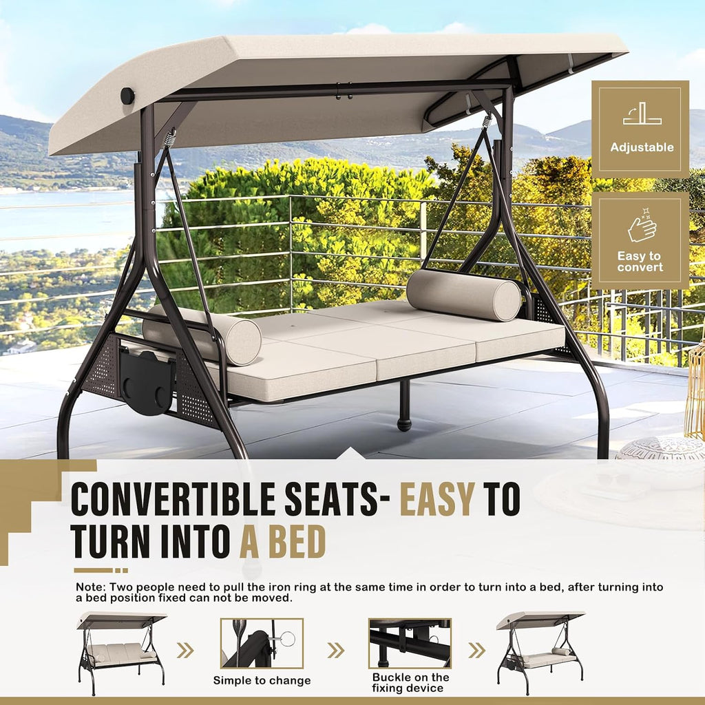 Betterland 3-Seat Patio Swing Chair, Outdoor Porch Swing with Cushions,Pillows & Cup Holders, Adjustable Canopy Outside Bench Swing for Backyard, Porch, Garden(Brown)