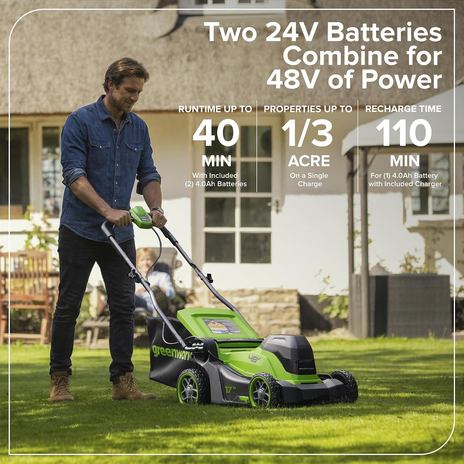 Greenworks 48V (24V x 2) 17' Brushless Push Lawn Mower with (2) 4.0Ah Batteries & 65W Type-C Charger