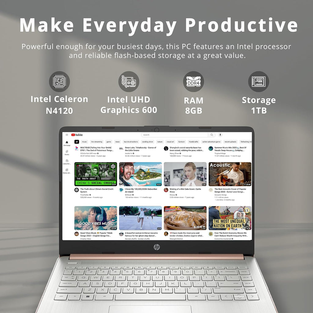 HP Stream 14″ HD Busines Laptops, Intel Celeron Processor, 8GB RAM, 1TB Storage (64GB eMMC + 1TB Docking Station Set), Intel UHD Graphics, 720p Webcam, WiFi, HDMI, Win 11, Gold