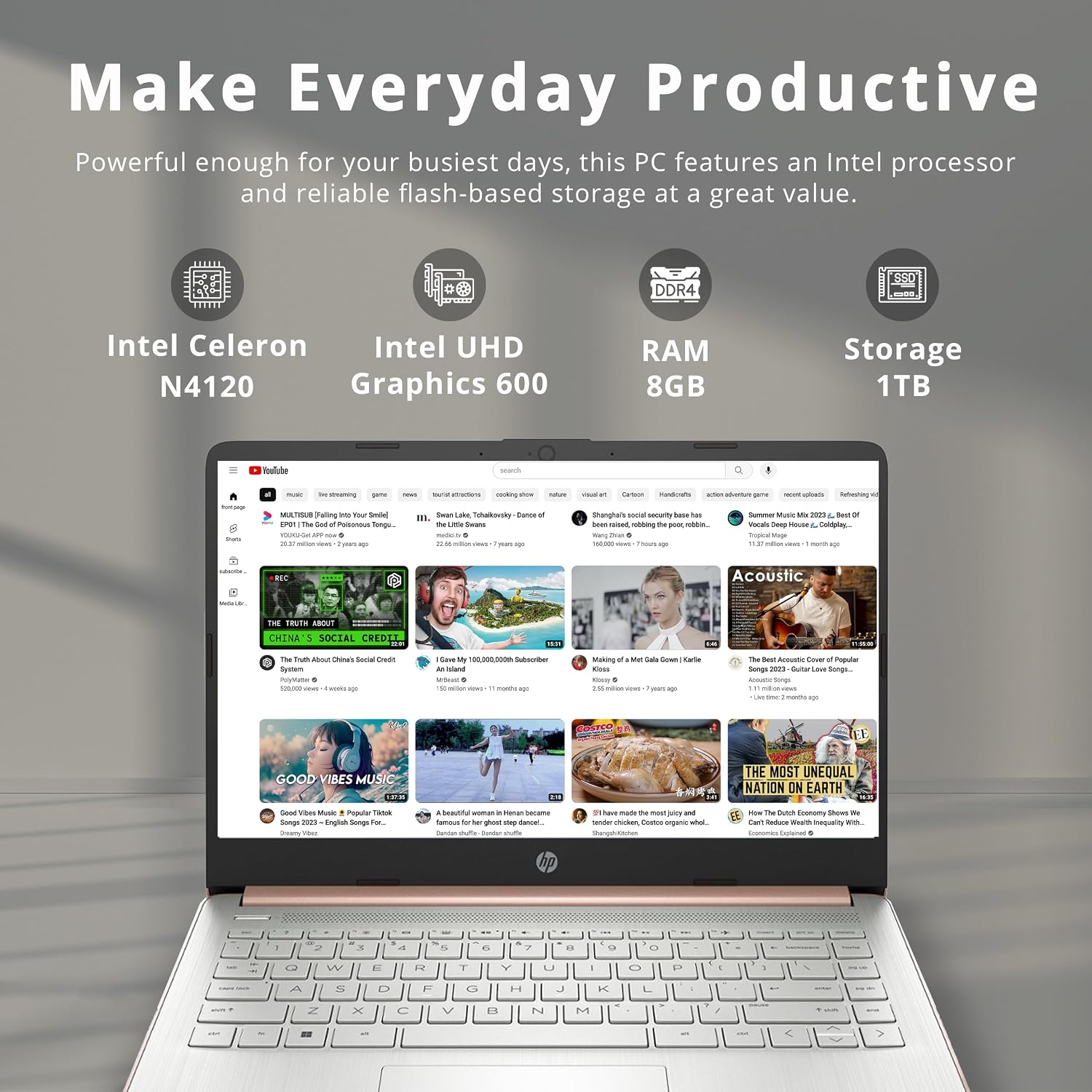 HP Stream 14″ HD Busines Laptops, Intel Celeron Processor, 8GB RAM, 1TB Storage (64GB eMMC + 1TB Docking Station Set), Intel UHD Graphics, 720p Webcam, WiFi, HDMI, Win 11, Gold