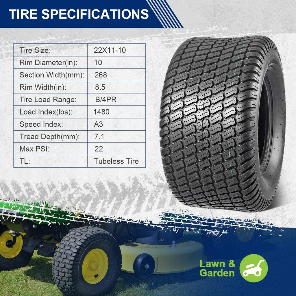 MaxAuto 22X11-10 Turf Lawn Mower Golf Cart Tractor Riding Garden Tire, P332 4PR Tubeless, Load Range B,2Pcs
