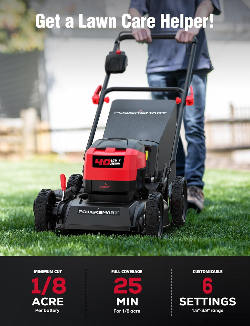 PowerSmart 40V 17' Cordless Lawn Mower with 4.0Ah Battery and Charger, Brushless Motor, up to 1/8 Acre, 3-in-1 (MB2417A)