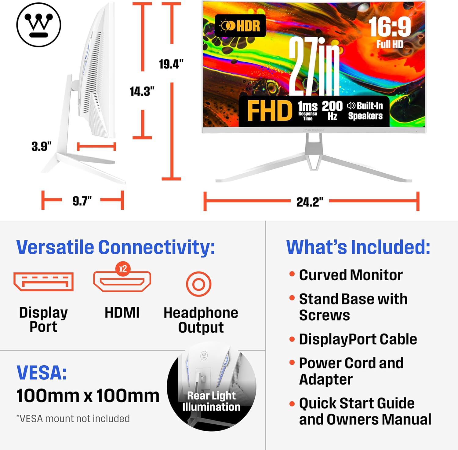 Westinghouse 27 Inch Curved Gaming Monitor, 200Hz, 1ms, FHD 1080P, 3000:1 Contrast Ratio, 118% sRGB, 1500R, AMD FreeSync, Eyecare, for PC Games with Built-in Speakers, DisplayPort, HDMIx2-White