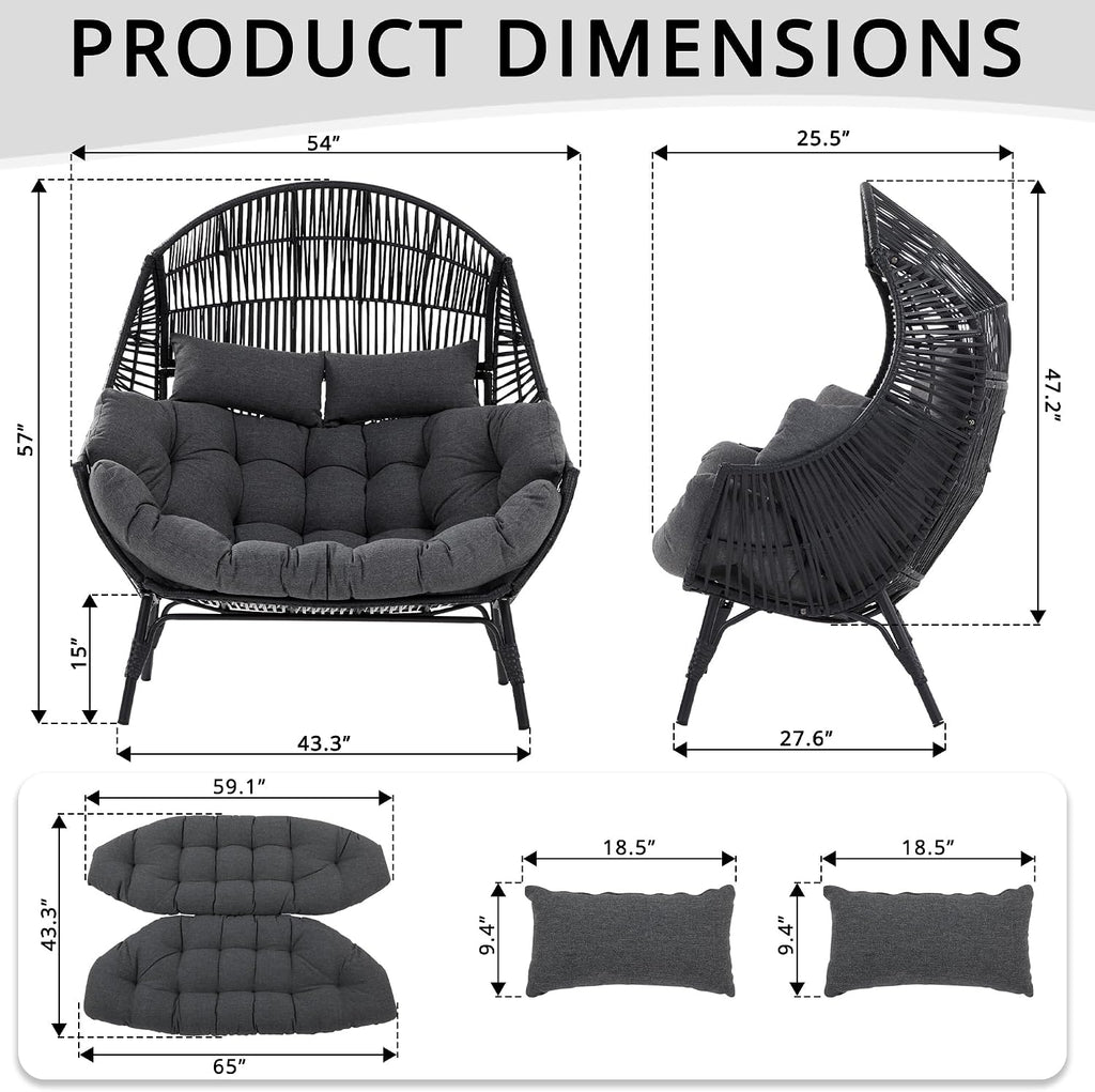 IRONCK Egg Chair Indoor Outdoor, 2 Person Double Egg Loveseat Chair, Oversized Thickened Padded Headrests and Cushions, 680 lbs Wicker Lounge for Balcony, Patio, Garden, Black and Gray