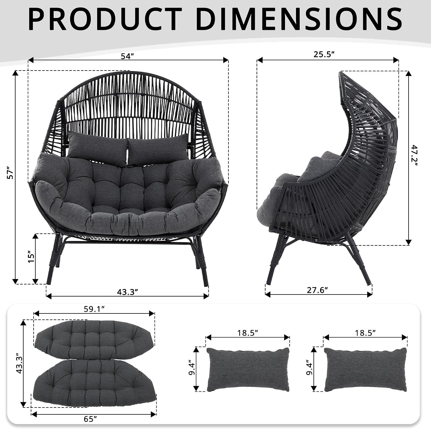 IRONCK Egg Chair Indoor Outdoor, 2 Person Double Egg Loveseat Chair, Oversized Thickened Padded Headrests and Cushions, 680 lbs Wicker Lounge for Balcony, Patio, Garden, Black and Gray