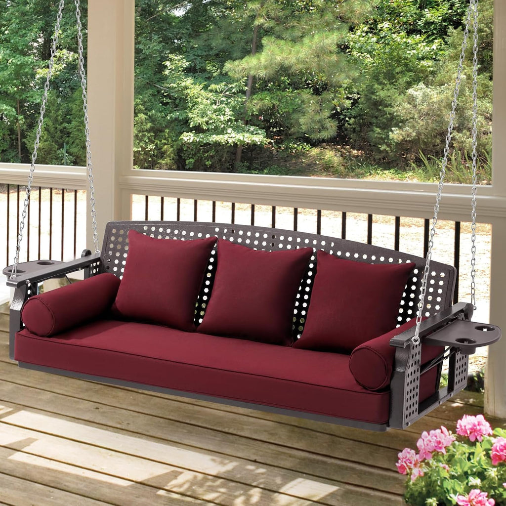 3 Seat Hanging Porch Swing, Patio Swing Bench with Cup Holders & 3 Back Cushions, Swing Chair with Chains for Deck Garden Backyard,Red(60-Inch Width)