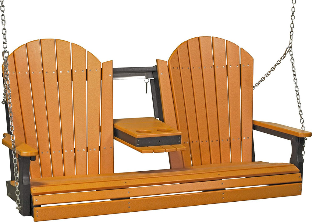 LuxCraft 5' Adirondack Hanging Porch Swing with Flip Down Console, Outdoor Patio Swing, Front Porch Swing, Outdoor Swing Bench (Tangerine & Black)
