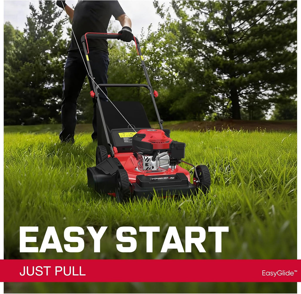 PowerSmart EasyGlide 21-Inch Gas Lawn Mower, 144cc 4-Stroke OHV Engine, Push Walk-Behind, 3-in-1 Mulch/Bag/Side Discharge, Steel Deck, 6 Height Adjustment