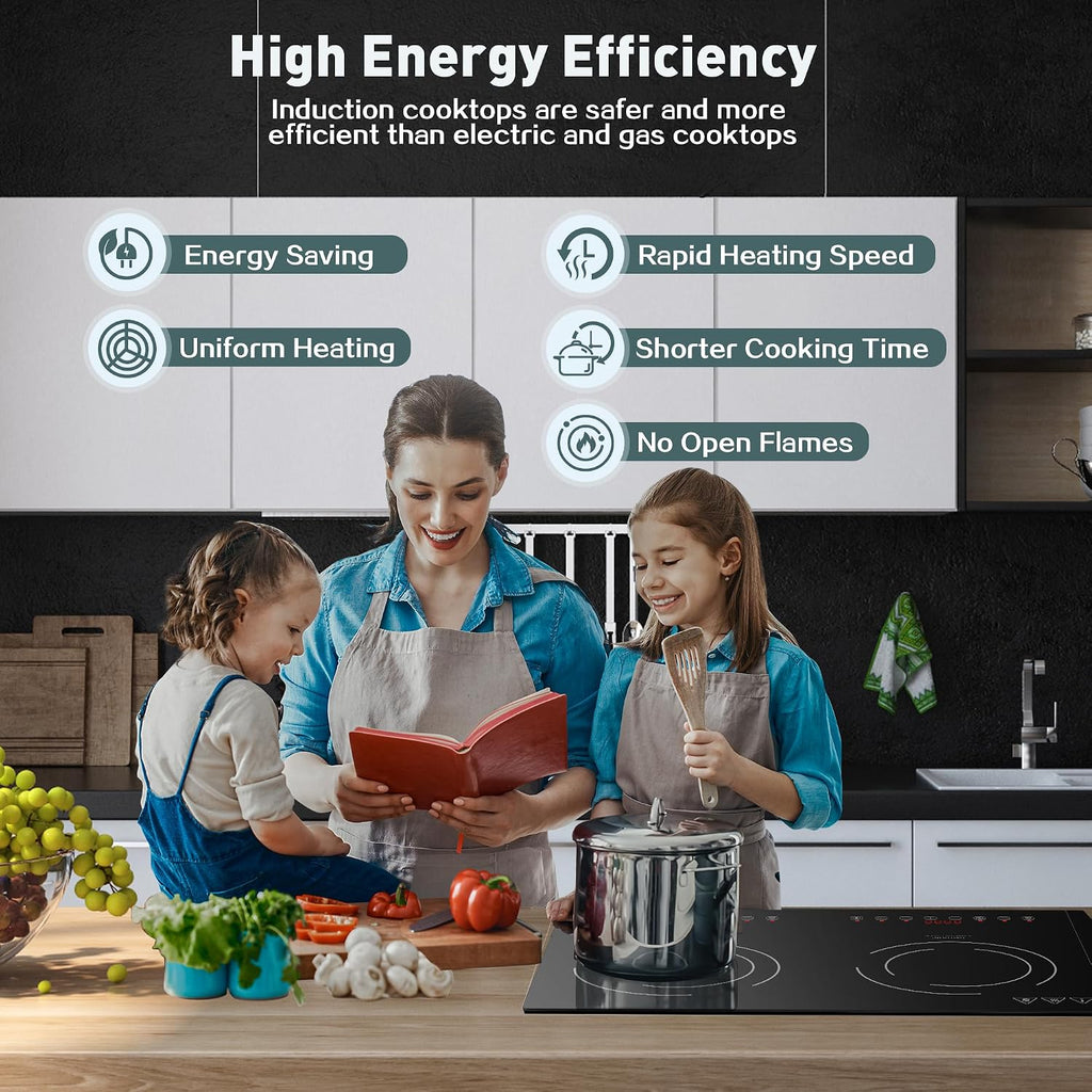 Induction Cooktop with 2 Burners, Horizontal Electric Stove, Built-In Induction Cooker, 1800W Sensor Touch Electric Cooktop, 9 Power Levels, Timer, Safety Lock, 120V, 20 Inch