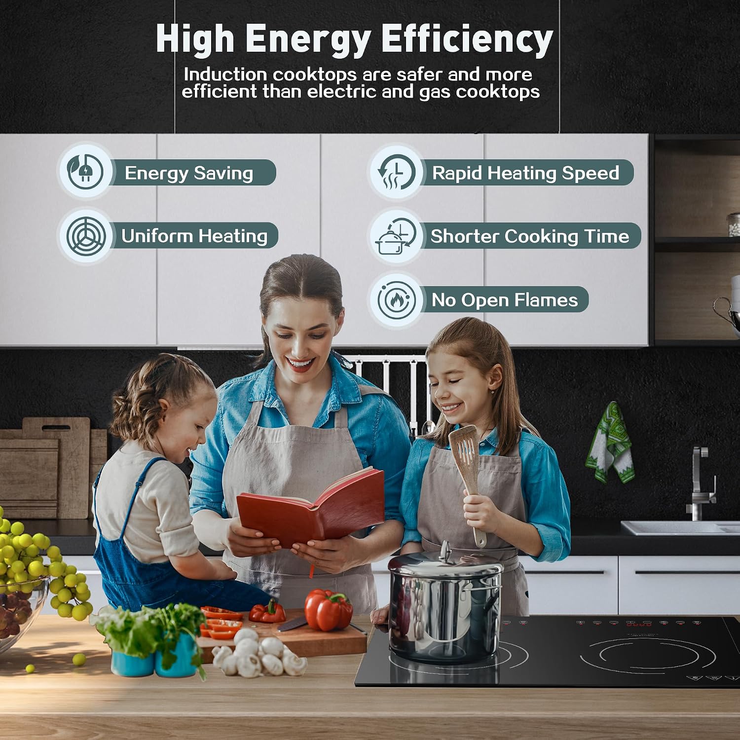Induction Cooktop with 2 Burners, Horizontal Electric Stove, Built-In Induction Cooker, 1800W Sensor Touch Electric Cooktop, 9 Power Levels, Timer, Safety Lock, 120V, 20 Inch