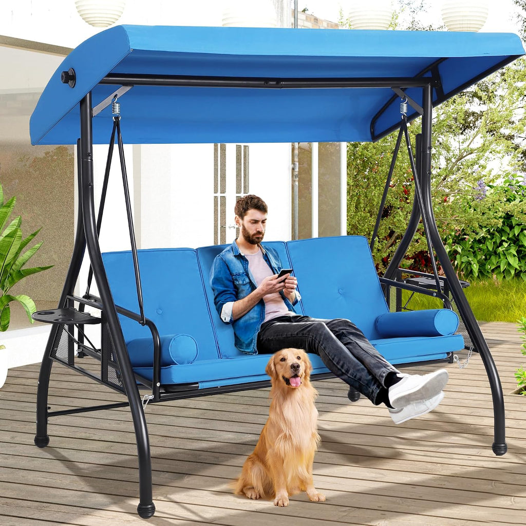Grepatio 3-Seat Outdoor Porch Swing with Adjustable Canopy, 3 Person Convertible Porch Swing Bed with Stand, Heavy Duty Patio Swing with Cup Holder and Pillows, Cushion for Garden, Poolside (Blue)