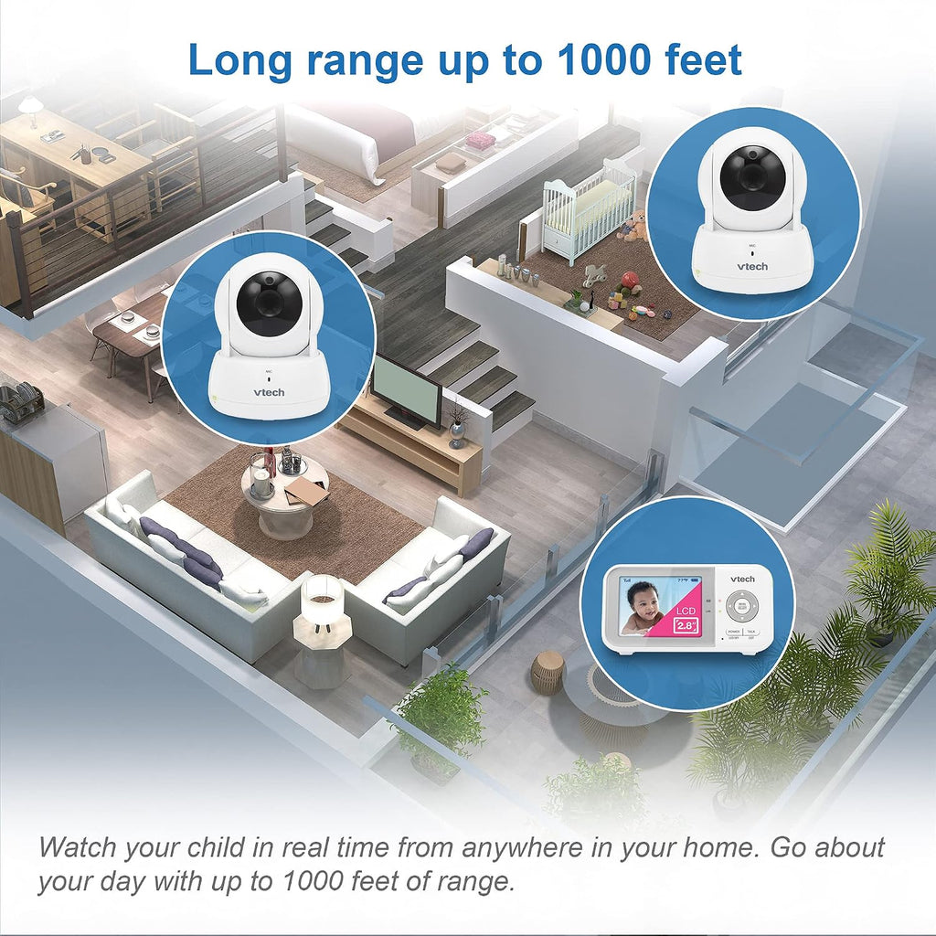 VTech VM923-2 Baby Monitor, 2.8'Screen, 1000ft Range, Pan-Tilt-Zoom, Night Vision, 2-Way Audio, Temperature Sensor, Lullabies, Secured Transmission No WiFi