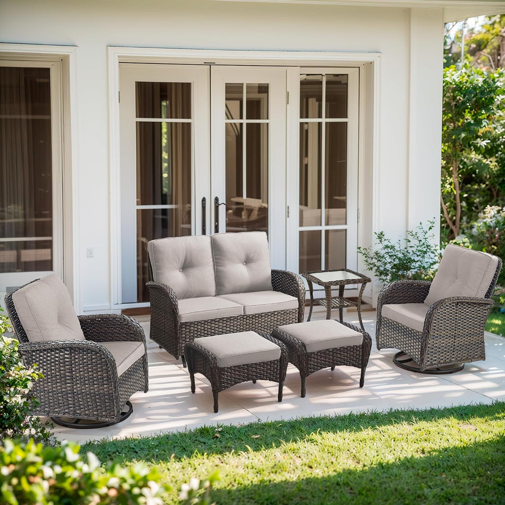 Outdoor Swivel Glider Rocker Chairs Set- 6 Piece Patio Furniture Set with A Glider Loveseat, Tempered Glass Side Table and 2 Ottoman, for Balcony, Porch - Brown Wicker, Beige Cushion
