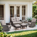 Outdoor Swivel Glider Rocker Chairs Set- 6 Piece Patio Furniture Set with A Glider Loveseat, Tempered Glass Side Table and 2 Ottoman, for Balcony, Porch - Brown Wicker, Beige Cushion