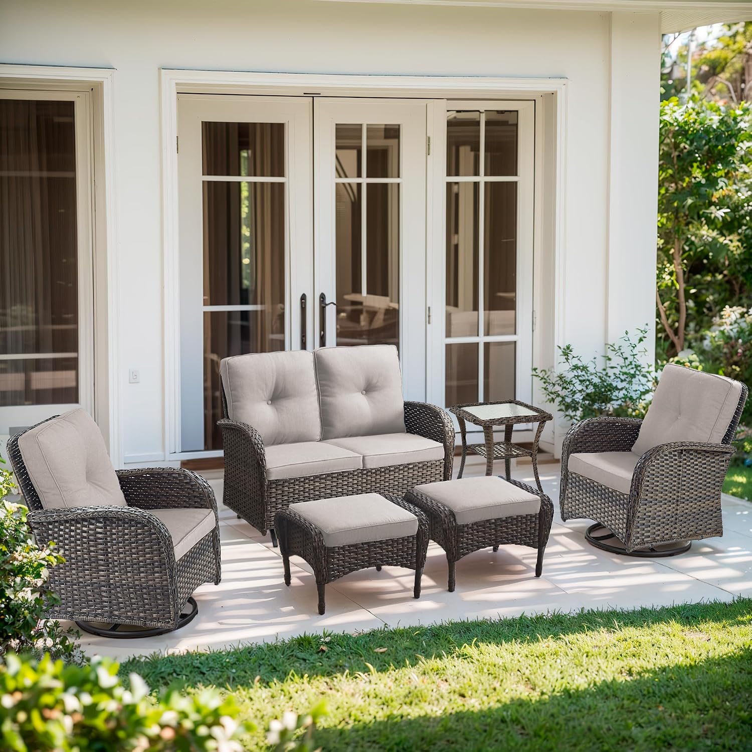Outdoor Swivel Glider Rocker Chairs Set- 6 Piece Patio Furniture Set with A Glider Loveseat, Tempered Glass Side Table and 2 Ottoman, for Balcony, Porch - Brown Wicker, Beige Cushion