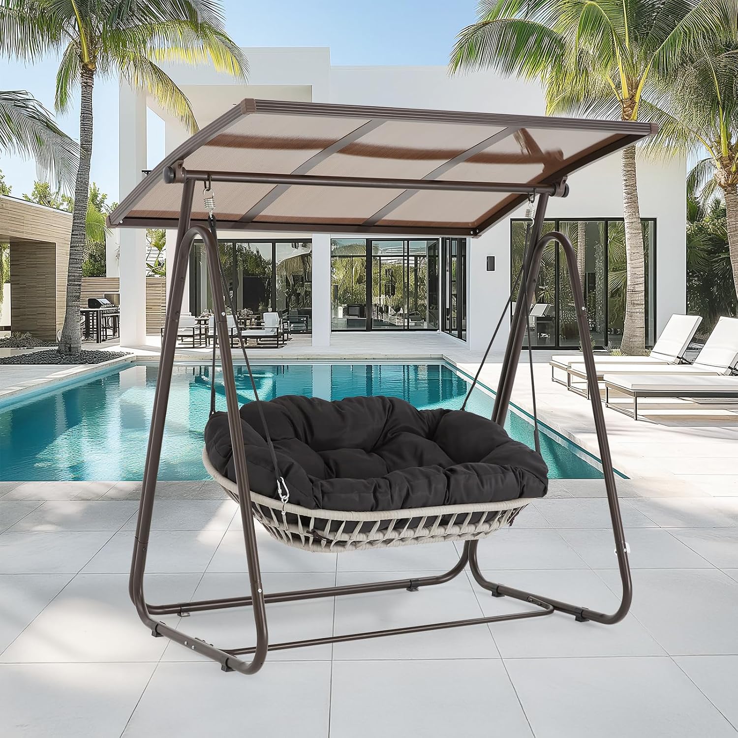 2-Seat Outdoor Patio Porch Swing with Polycarbonate (PC) Canopy, All-Weather Outdoor Swing Chair with 4.7' Thick Cushion and Hand-Woven Rope, Heavy Duty Steel Frame for Patio, Garden, Black