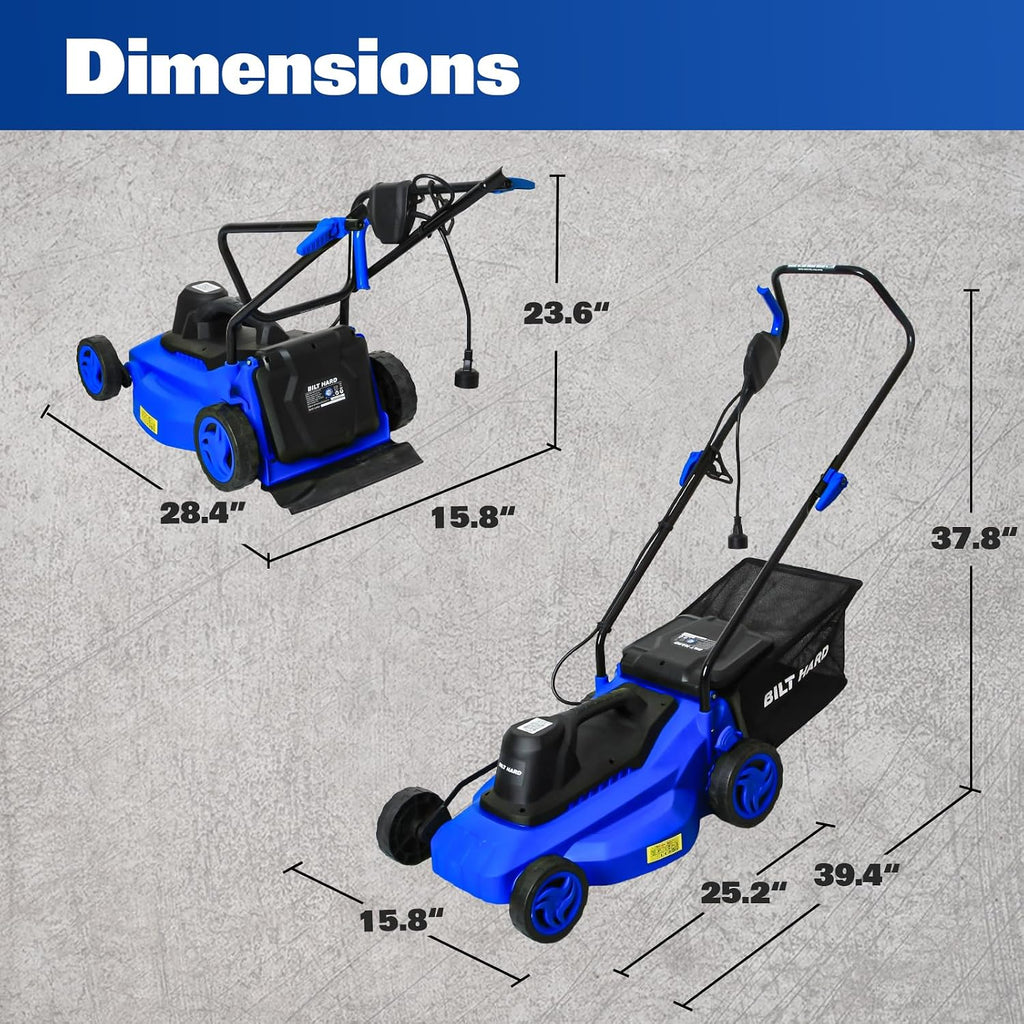 BILT HARD Corded Electric Lawn Mower 15 Inch, 11Amp Electric Push Mower with 9.2 Gallon Collection Bag, 5 Height Adjustment, Lightweight Lawnmower for Garden, Yard