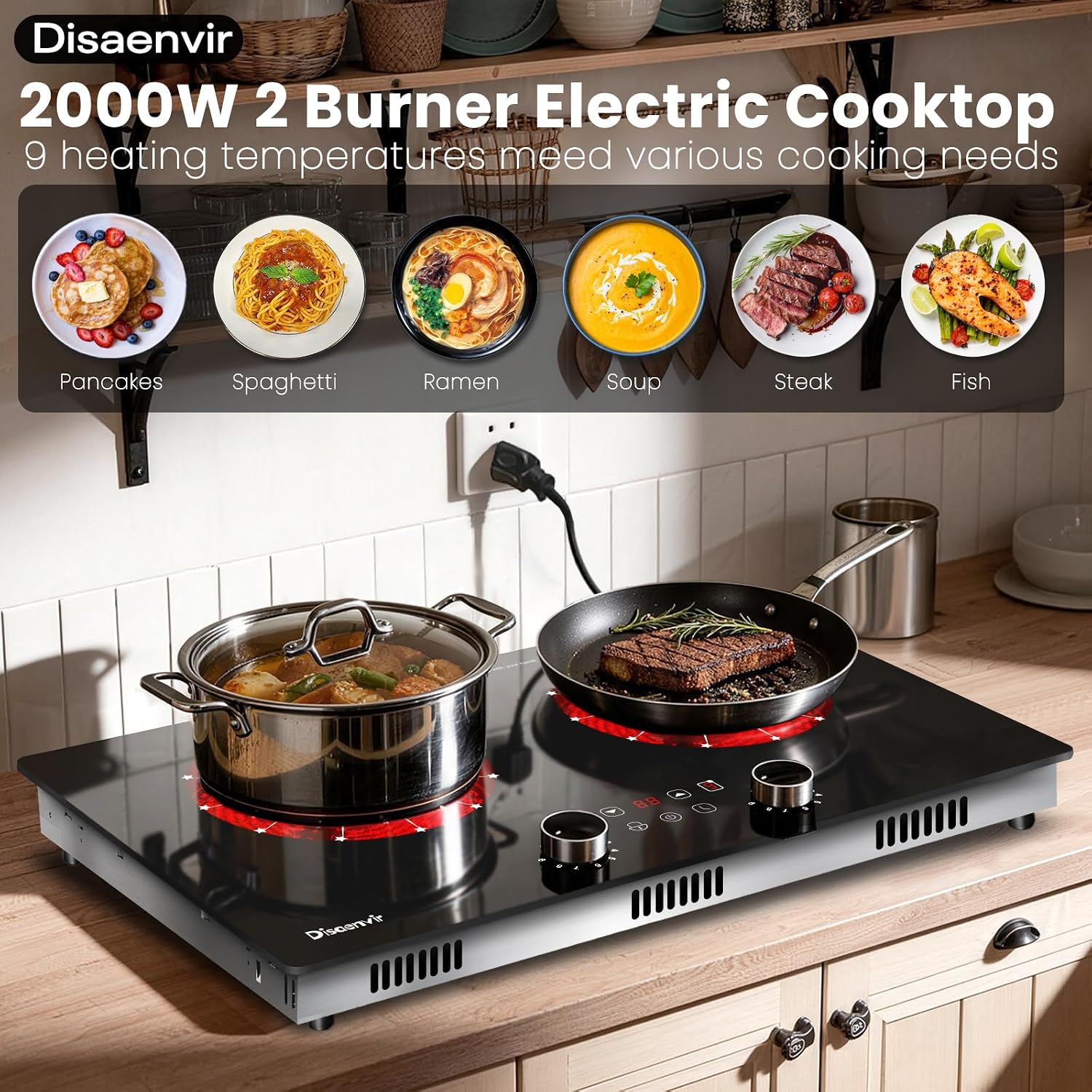 2 Burner Electric Cooktop 110V - 24 Inch(23.6'x 13.78') Ceramic Stove Countertop & Built-in(22'x 12.2'), 2000W Two Burner Cooktop with Touch & Knob Control, Timer, Safety Lock, 120V Plug in