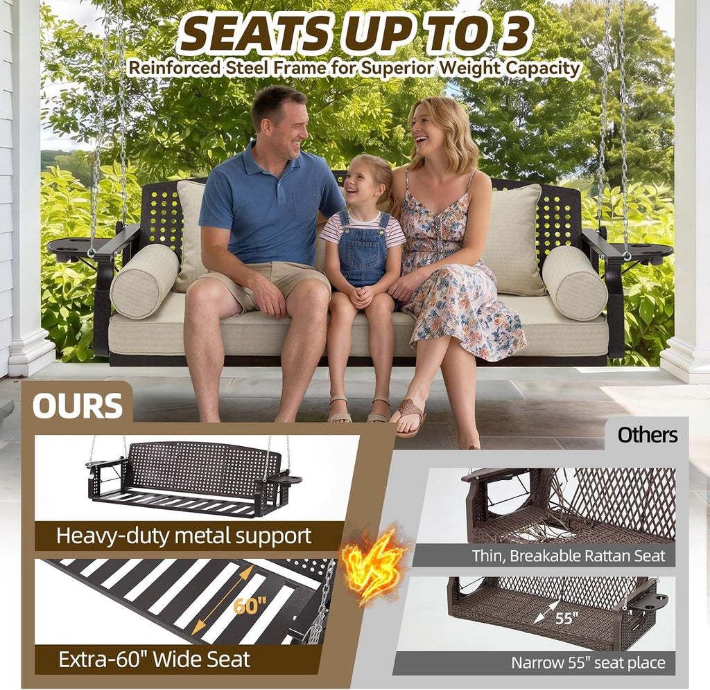 3 Seat Hanging Porch Swing, Patio Swing Bench with Cup Holders & 3 Back Cushions, Swing Chair with Chains for Deck Garden Backyard,Beige(60-Inch Width)
