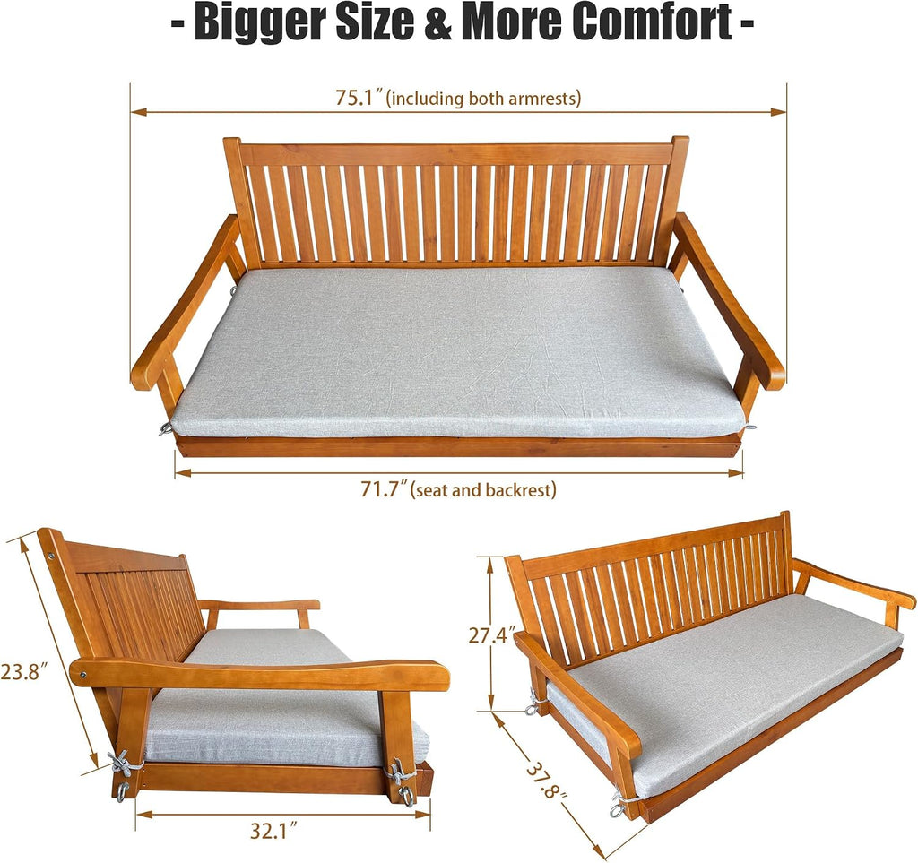 6 FT Wooden Porch Swing Bed with Thick Cushion – Outdoor Hanging Daybed for Patio or Porch, Solid Fir Wood Frame, Weather-Resistant, Heavy Duty 1000 LBS (Teak Tone)