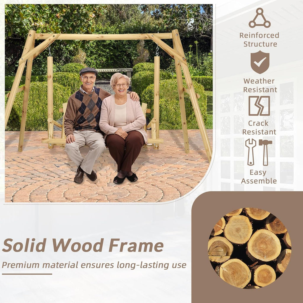 2-Seat Wooden Log Porch Swing With Stand, Rustic Hardwood Chair Bench, Curved Back, for Outside Yard, Garden, Deck, Poolside, Natural
