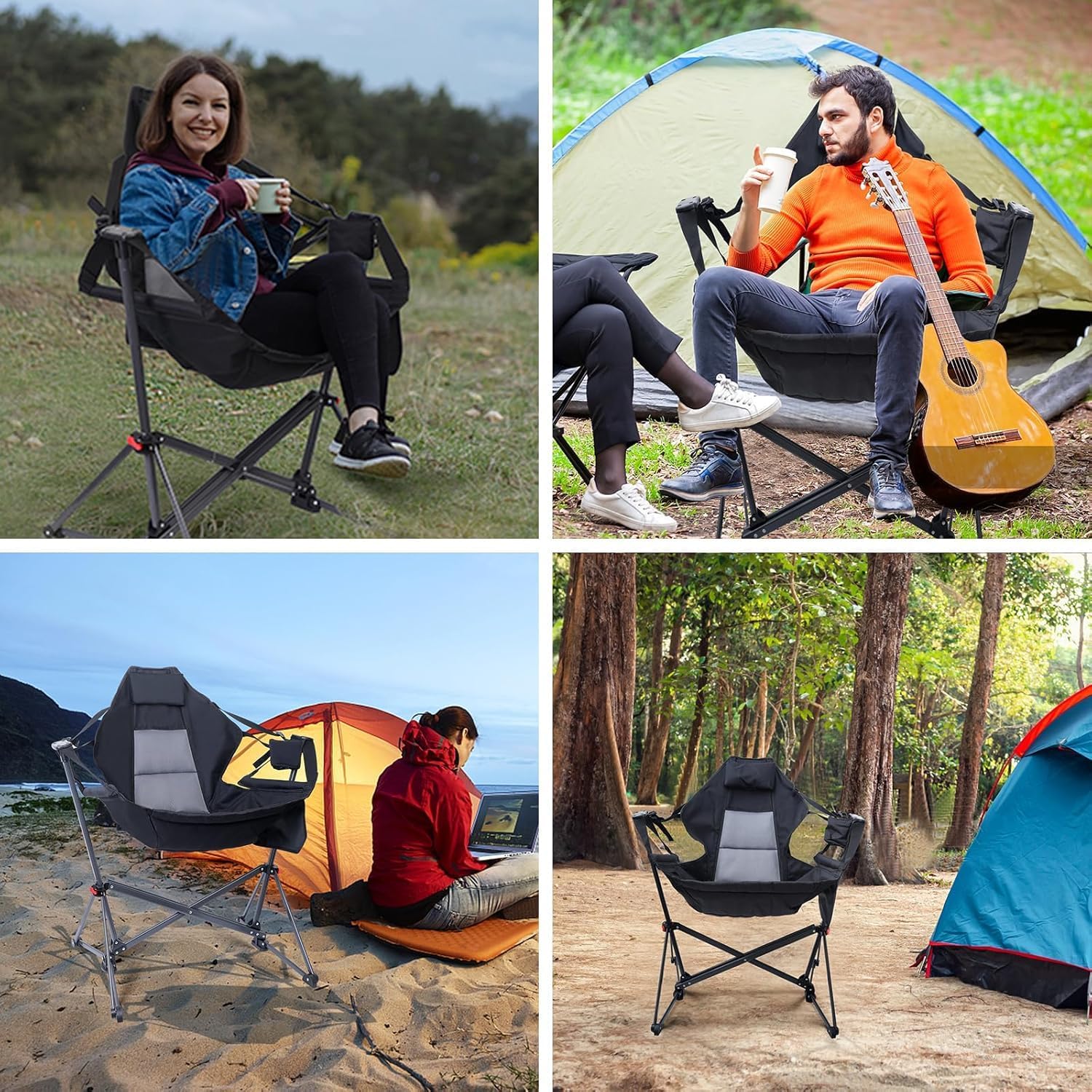 Hammock Chair, Camping Rocking Chairs, Swing Hammock Chair, Adjustable Back, Portable, with Cup Holder, Pillow, and Carry Bag for Camping, Outdoor, Patio (2)