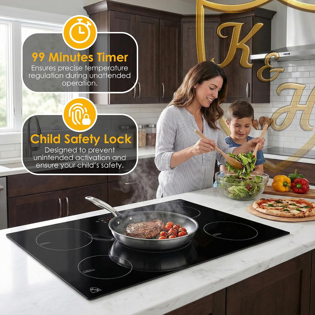K&H 5 Burner Induction Cooktop - 36 Inch Built-In Electric Cermic Stove Top - 17 Heating Levels, 240V, 9200W High-Power Built-in Electric Stove Top - Child Lock, Timer & Touch Control - IN36-9205