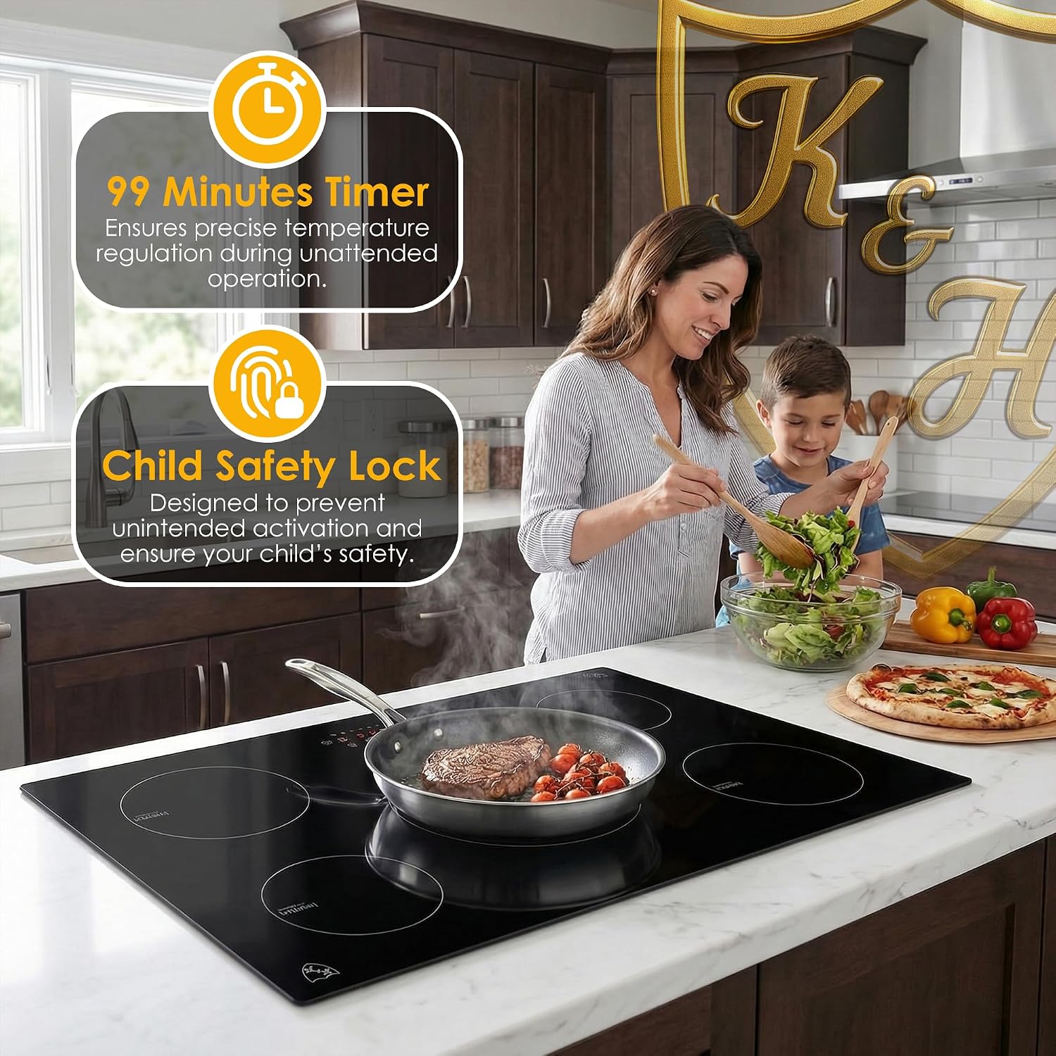 K&H 5 Burner Induction Cooktop - 36 Inch Built-In Electric Cermic Stove Top - 17 Heating Levels, 240V, 9200W High-Power Built-in Electric Stove Top - Child Lock, Timer & Touch Control - IN36-9205