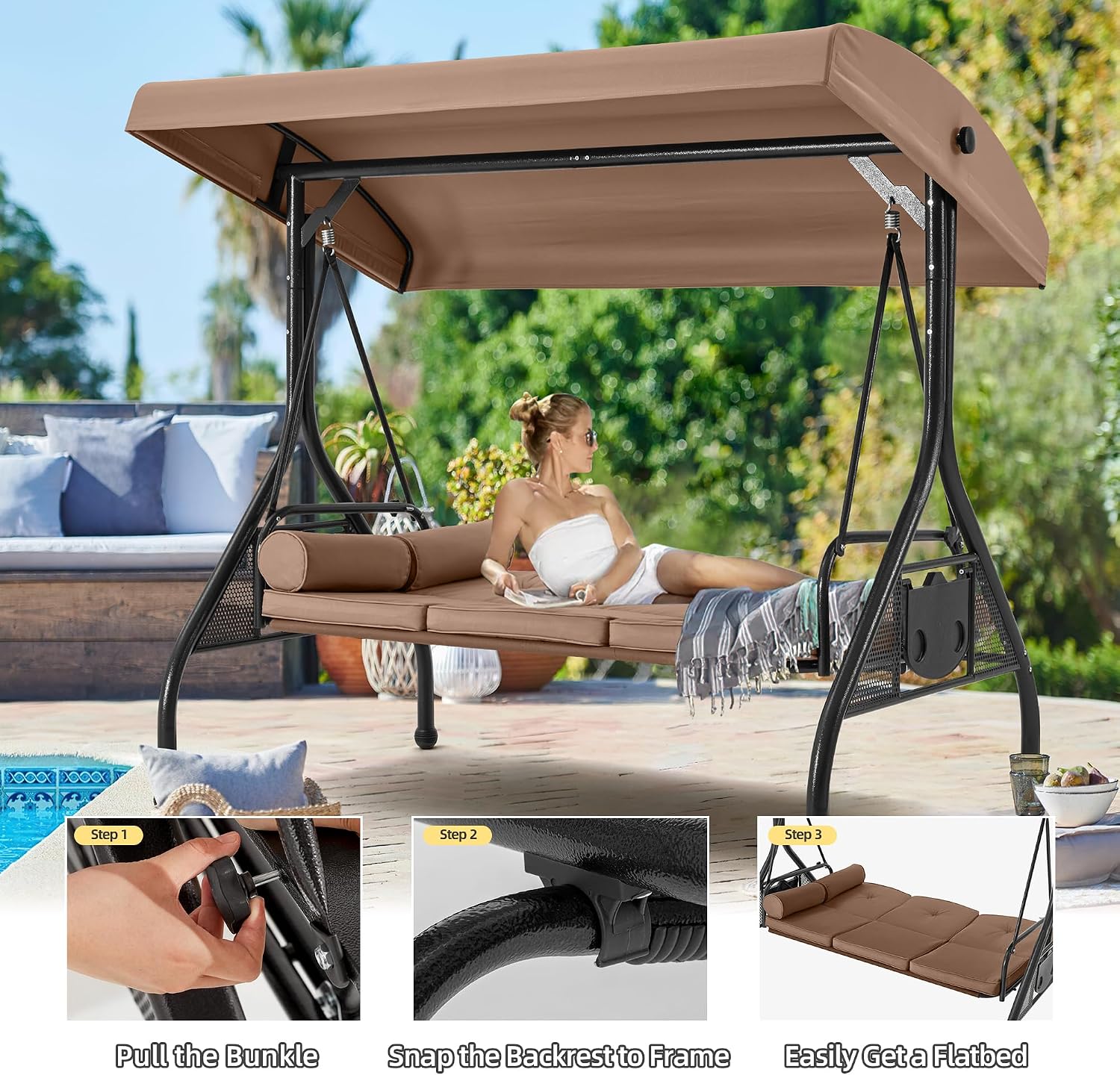 HOMREST 3 Seat Outdoor Porch Swing with Adjustable Canopy, Convertible Patio Swing Bed with Stand, Patio Glider Swing with Upgraded Cup Holder, Thicken Cushions ＆ Pillow for Backyard(Brown)