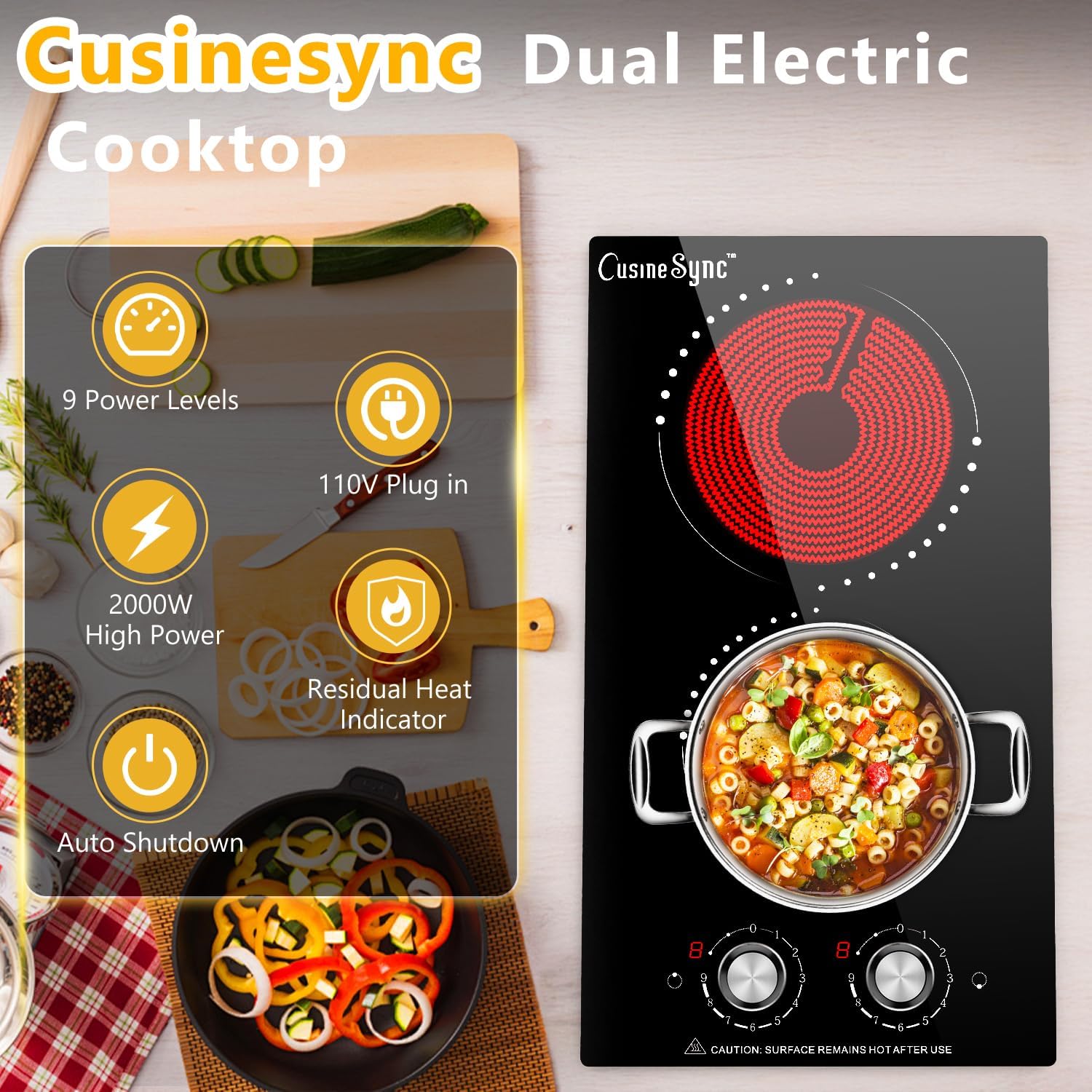 Portable Electric Cooktop 2 Burner 110V Plug in, 12 Inch 2000W Electric Stove Top with Knob Control, Countertop or Built-in Ceramic Hot Plate, for RV Dorm Apartment Kitchen Cooking